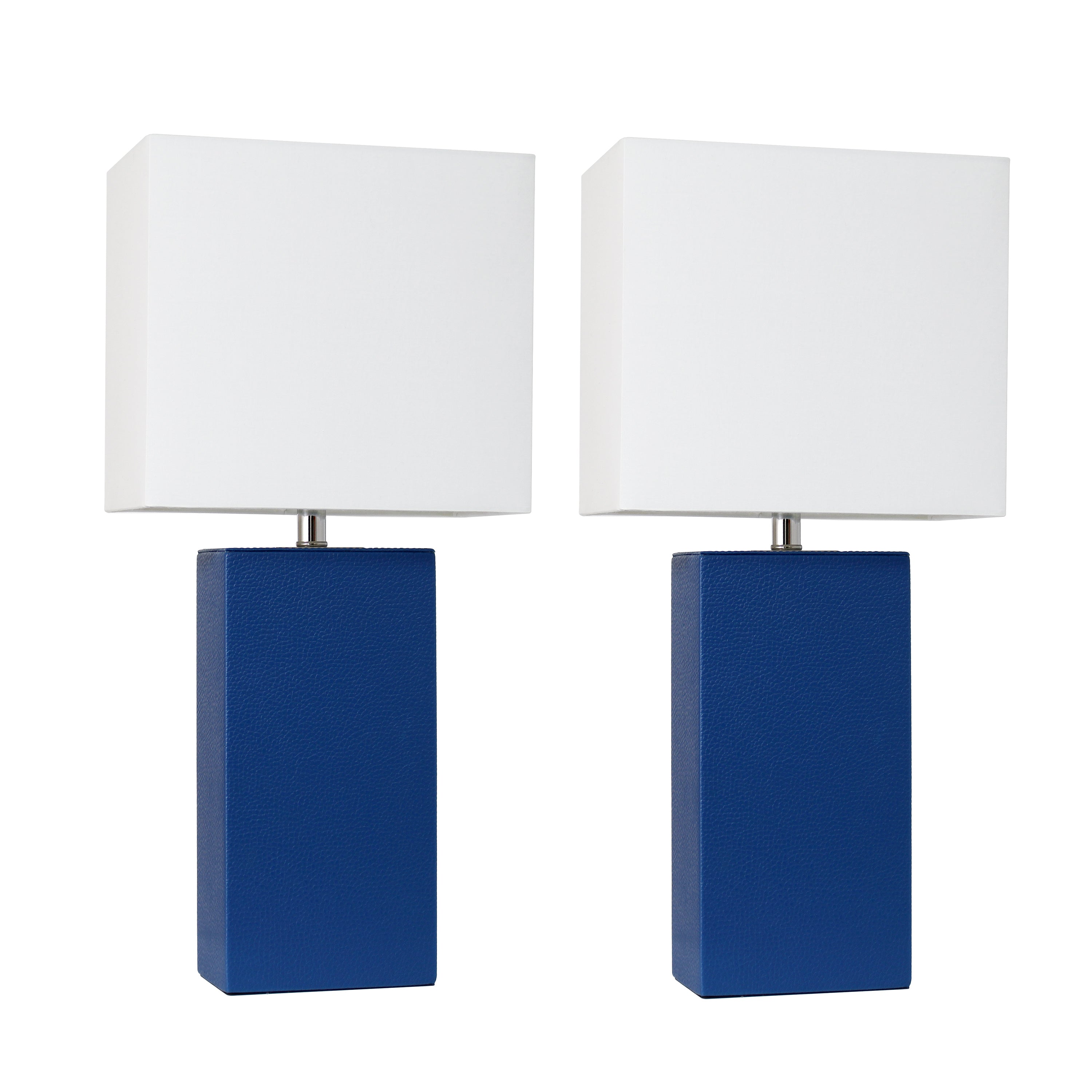 Lalia Home Lexington 21' 2-Pack Leather Base Modern Home Dcor Bedside Table Lamp Set For Living Room, Bedroom, Entryway, Foyer, Or Office With White Rectangular Fabric Shade, Blue