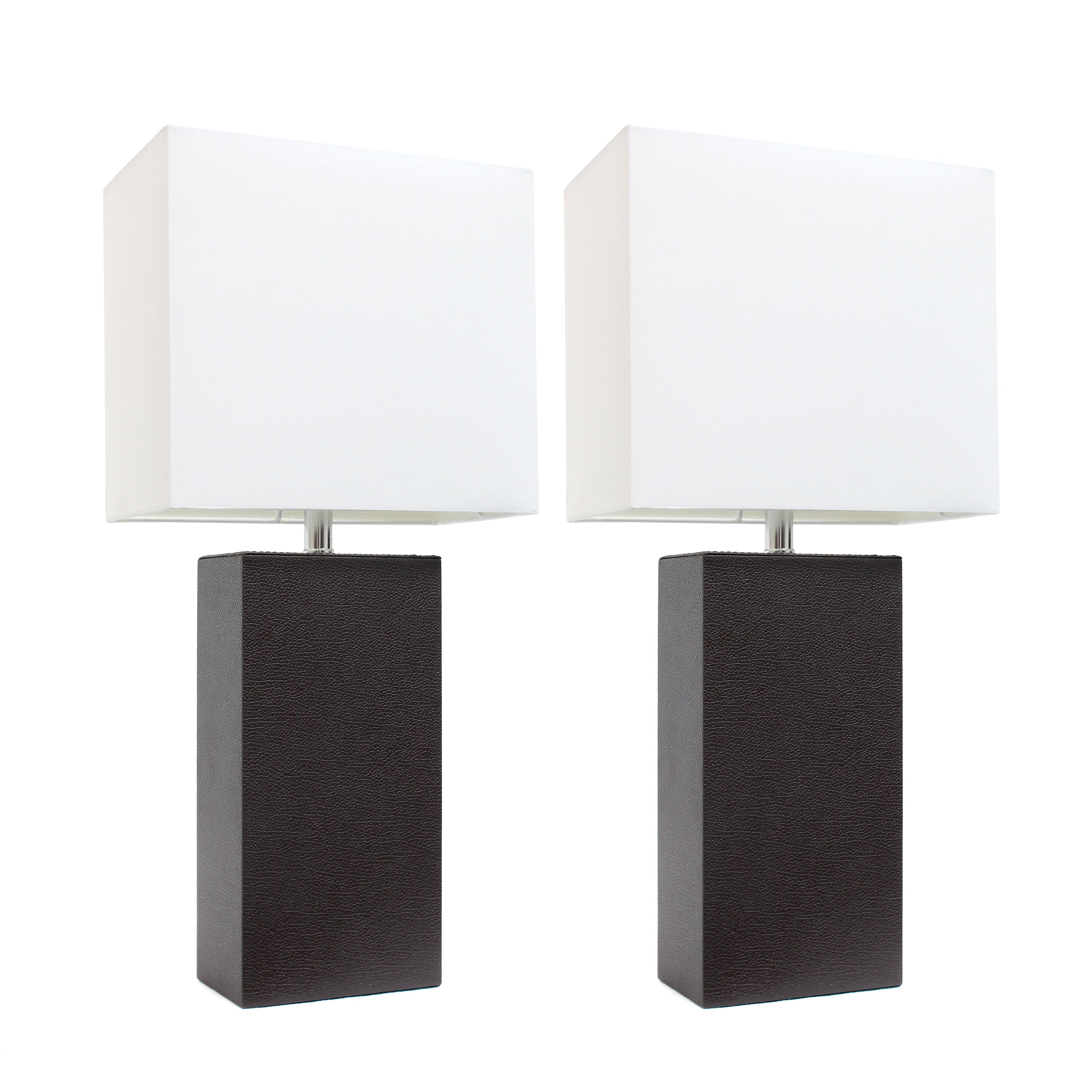 Lalia Home Lexington 21' 2-Pack Leather Base Modern Home Dcor Bedside Table Lamp Set For Living Room, Bedroom, Entryway, Foyer, Or Office With White Rectangular Fabric Shade, Espresso Brown