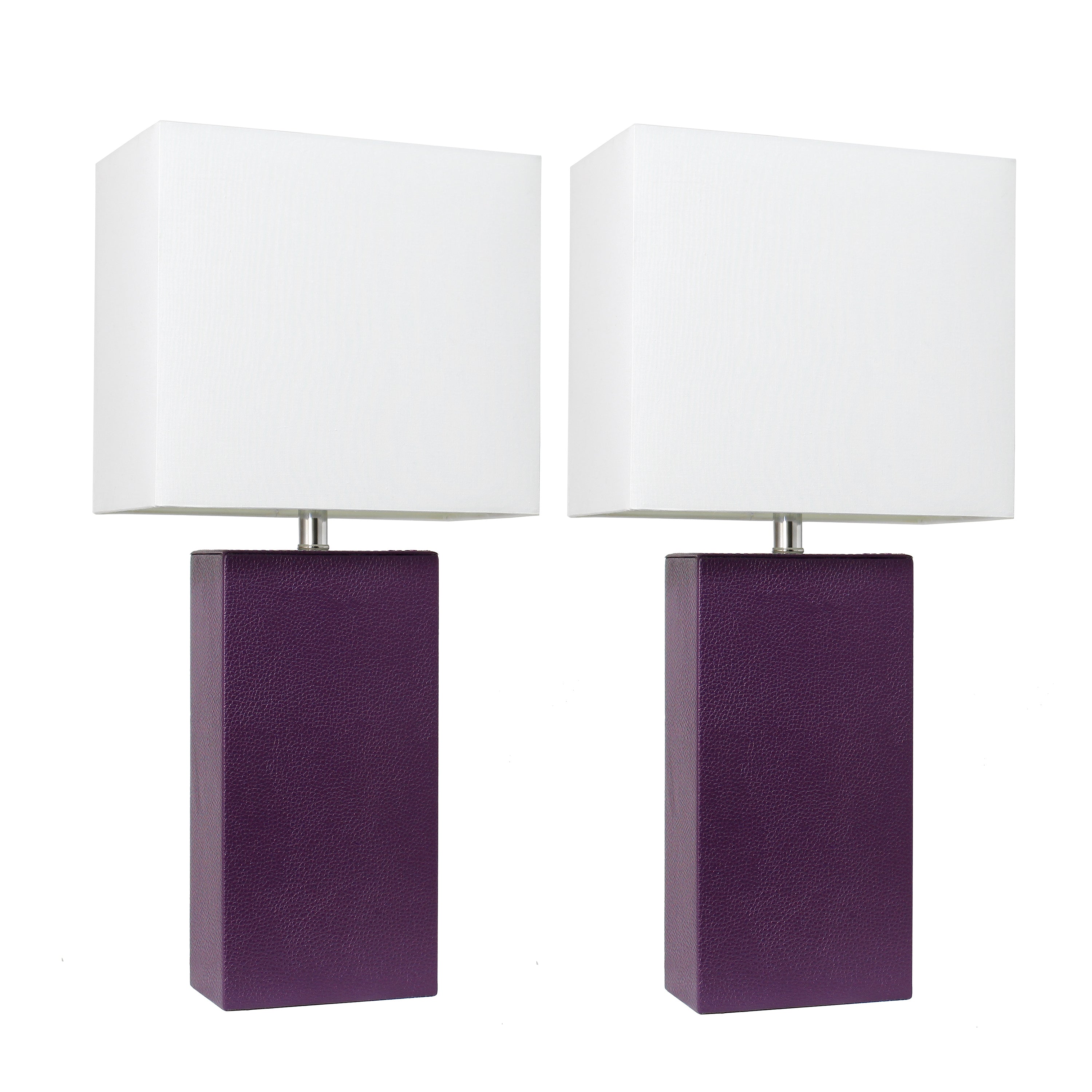 Lalia Home Lexington 21' 2-Pack Leather Base Modern Home Dcor Bedside Table Lamp Set For Living Room, Bedroom, Entryway, Foyer, Or Office With White Rectangular Fabric Shade, Eggplant Purple