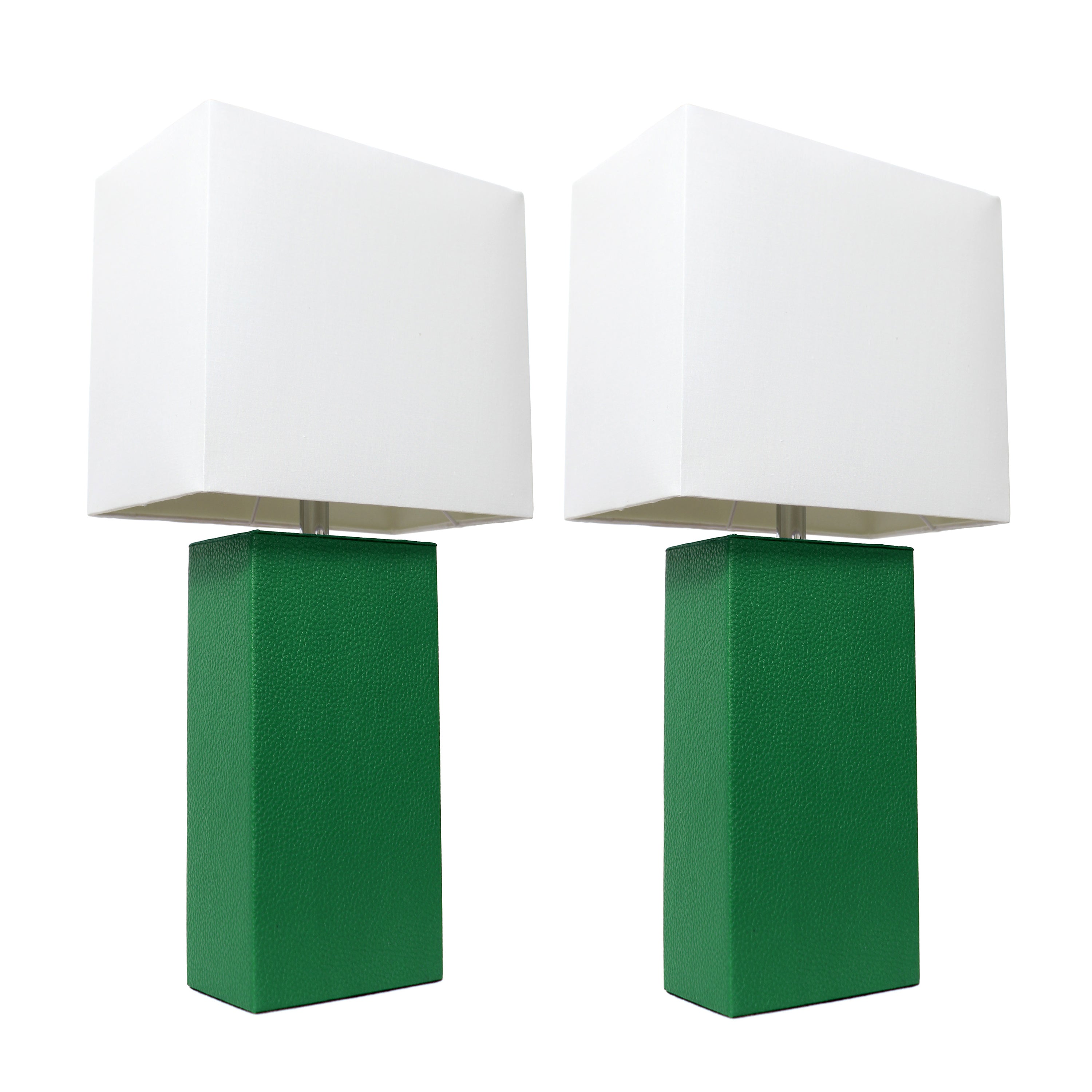 Lalia Home Lexington 21' 2-Pack Leather Base Modern Home Dcor Bedside Table Lamp Set For Living Room, Bedroom, Entryway, Foyer, Or Office With White Rectangular Fabric Shade, Green