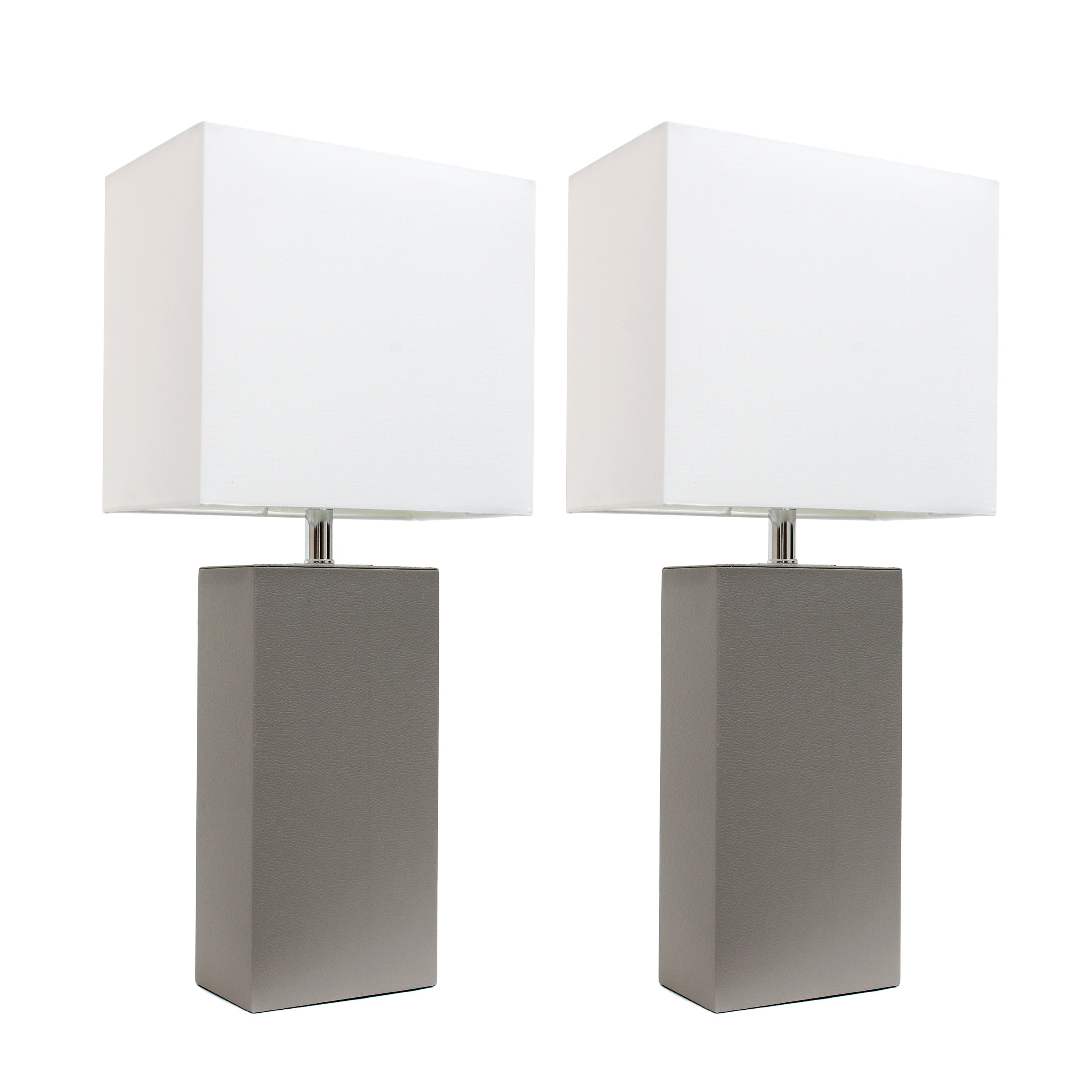 Lalia Home Lexington 21' 2-Pack Leather Base Modern Home Dcor Bedside Table Lamp Set For Living Room, Bedroom, Entryway, Foyer, Or Office With White Rectangular Fabric Shade, Gray