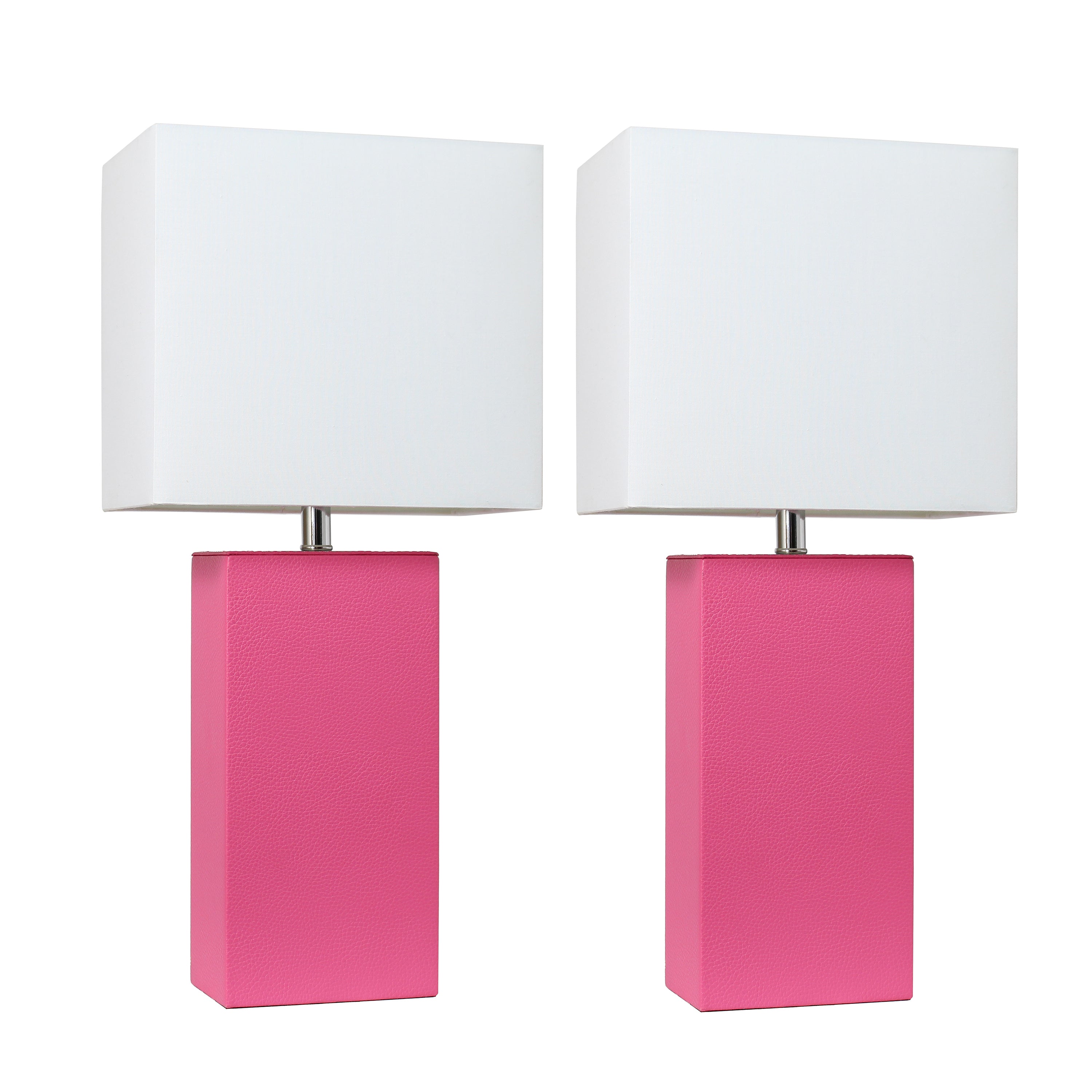 Lalia Home Lexington 21' 2-Pack Leather Base Modern Home Dcor Bedside Table Lamp Set For Living Room, Bedroom, Entryway, Foyer, Or Office With White Rectangular Fabric Shade, Hot Pink