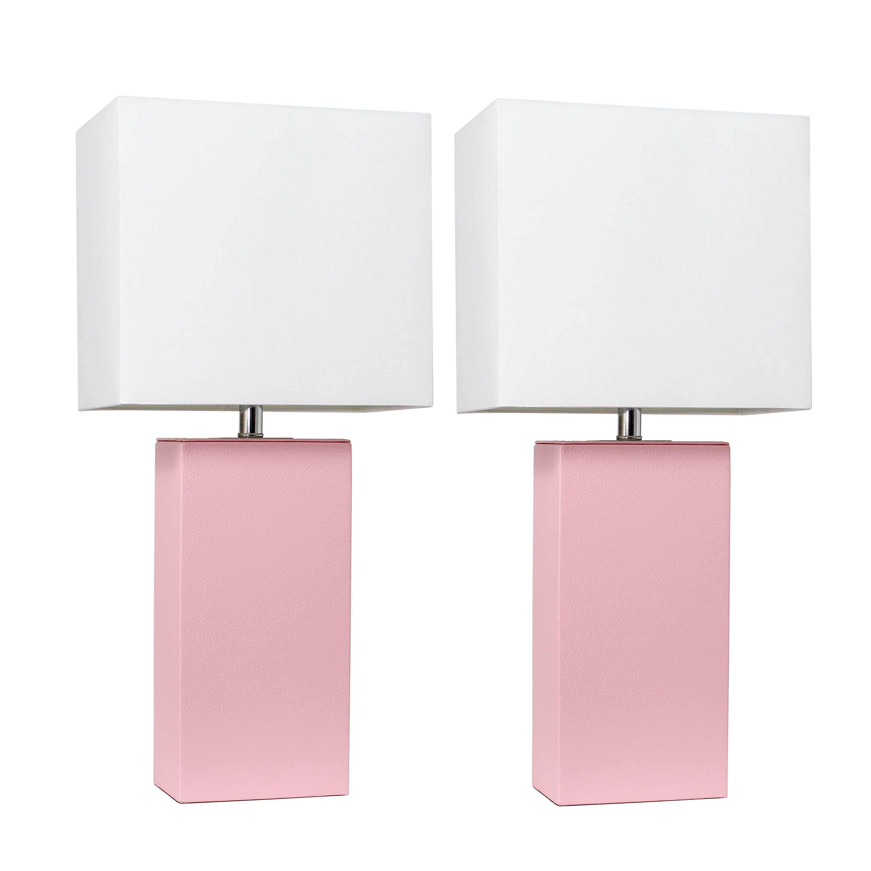 Lalia Home Lexington 21' 2-Pack Leather Base Modern Home Dcor Bedside Table Lamp Set For Living Room, Bedroom, Entryway, Foyer, Or Office With White Rectangular Fabric Shade, Pink