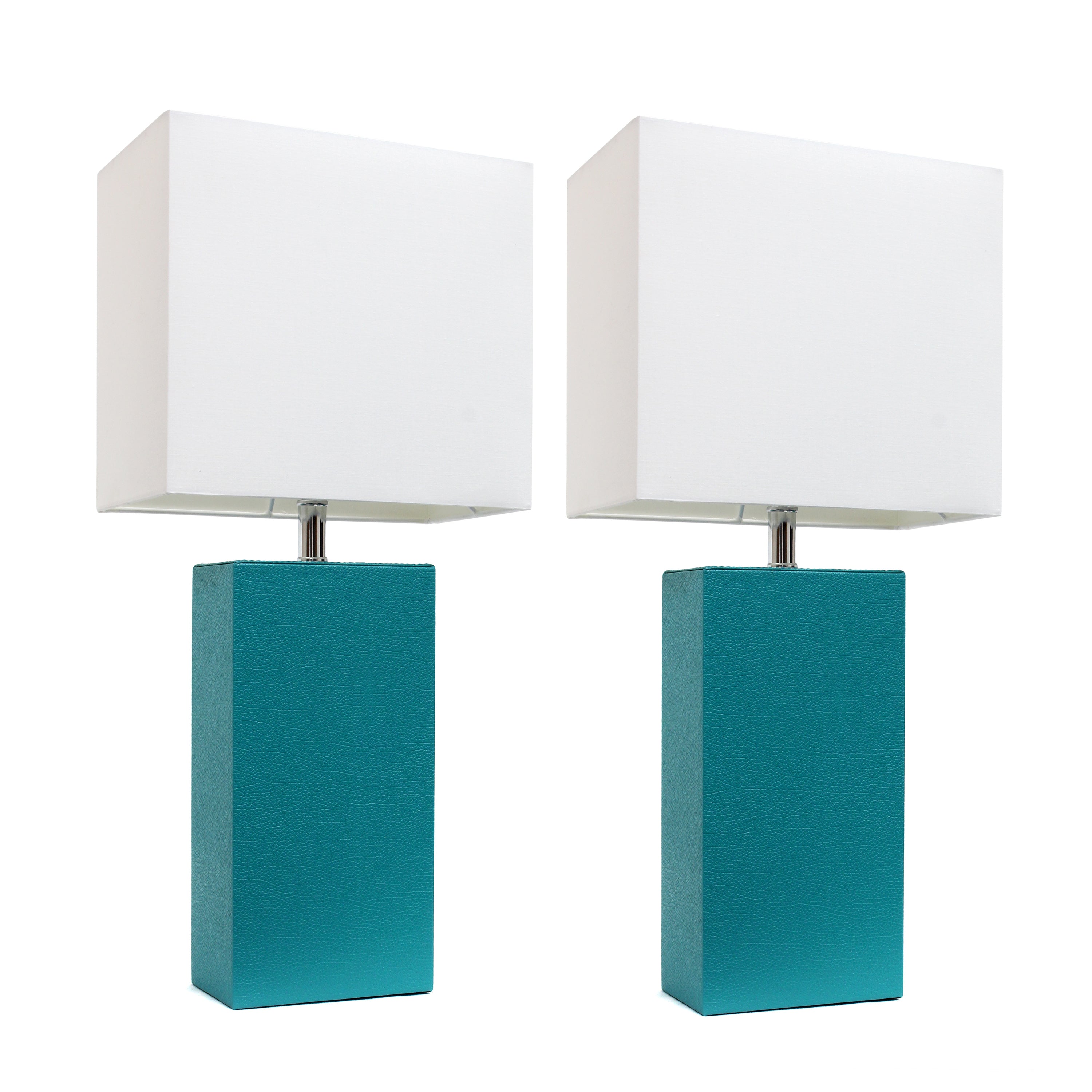 Lalia Home Lexington 21' 2-Pack Leather Base Modern Home Dcor Bedside Table Lamp Set For Living Room, Bedroom, Entryway, Foyer, Or Office With White Rectangular Fabric Shade, Teal