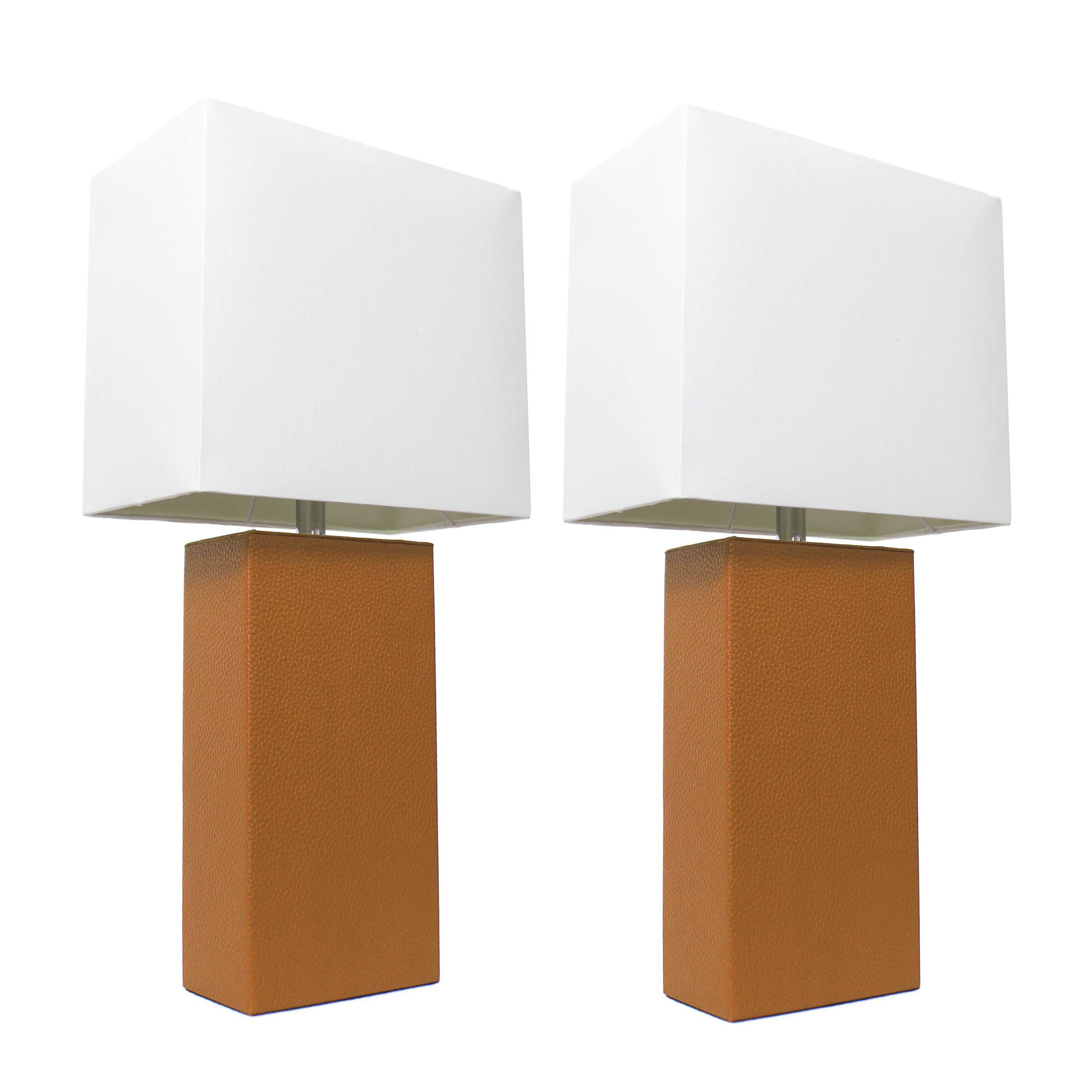 Lalia Home Lexington 21' 2-Pack Leather Base Modern Home Dcor Bedside Table Lamp Set For Living Room, Bedroom, Entryway, Foyer, Or Office With White Rectangular Fabric Shade, Tan
