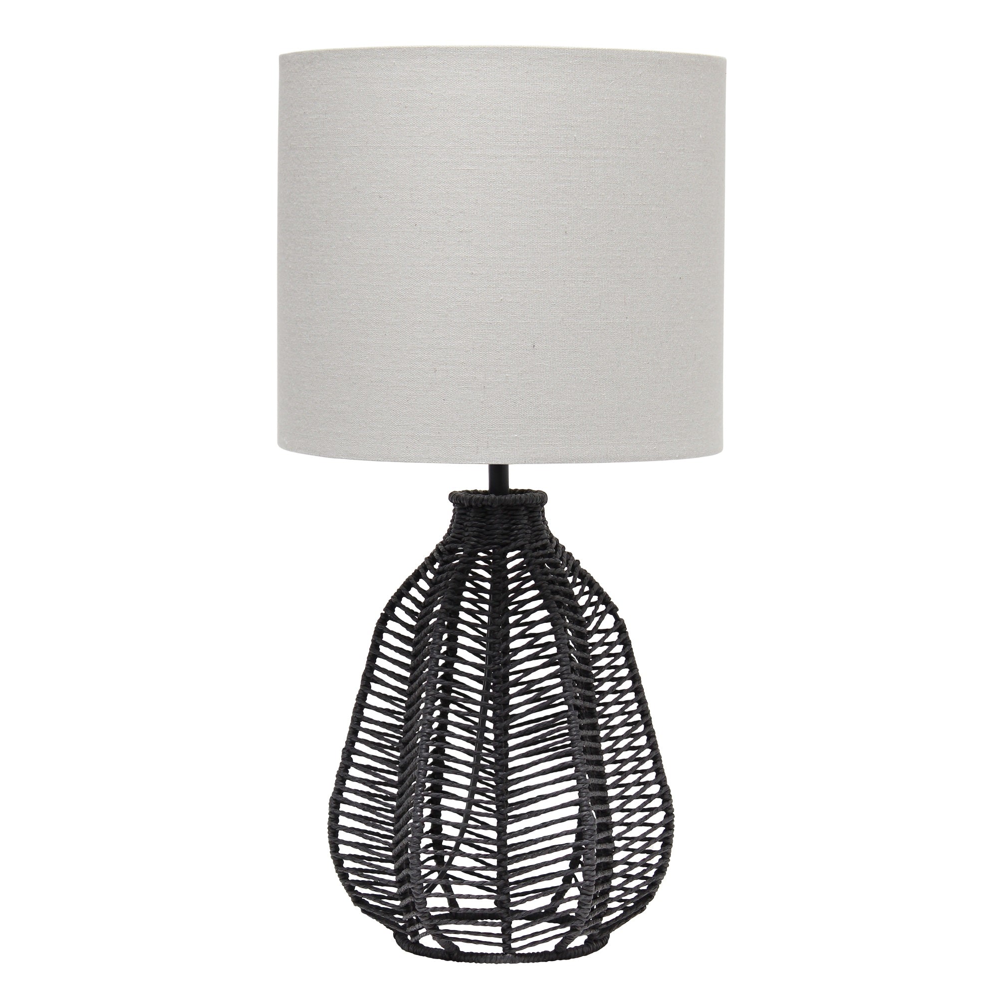Lalia Home 21' Vintage Rattan Wicker Style Paper Rope Bedside Table Lamp With Light Gray Fabric Shade, Black