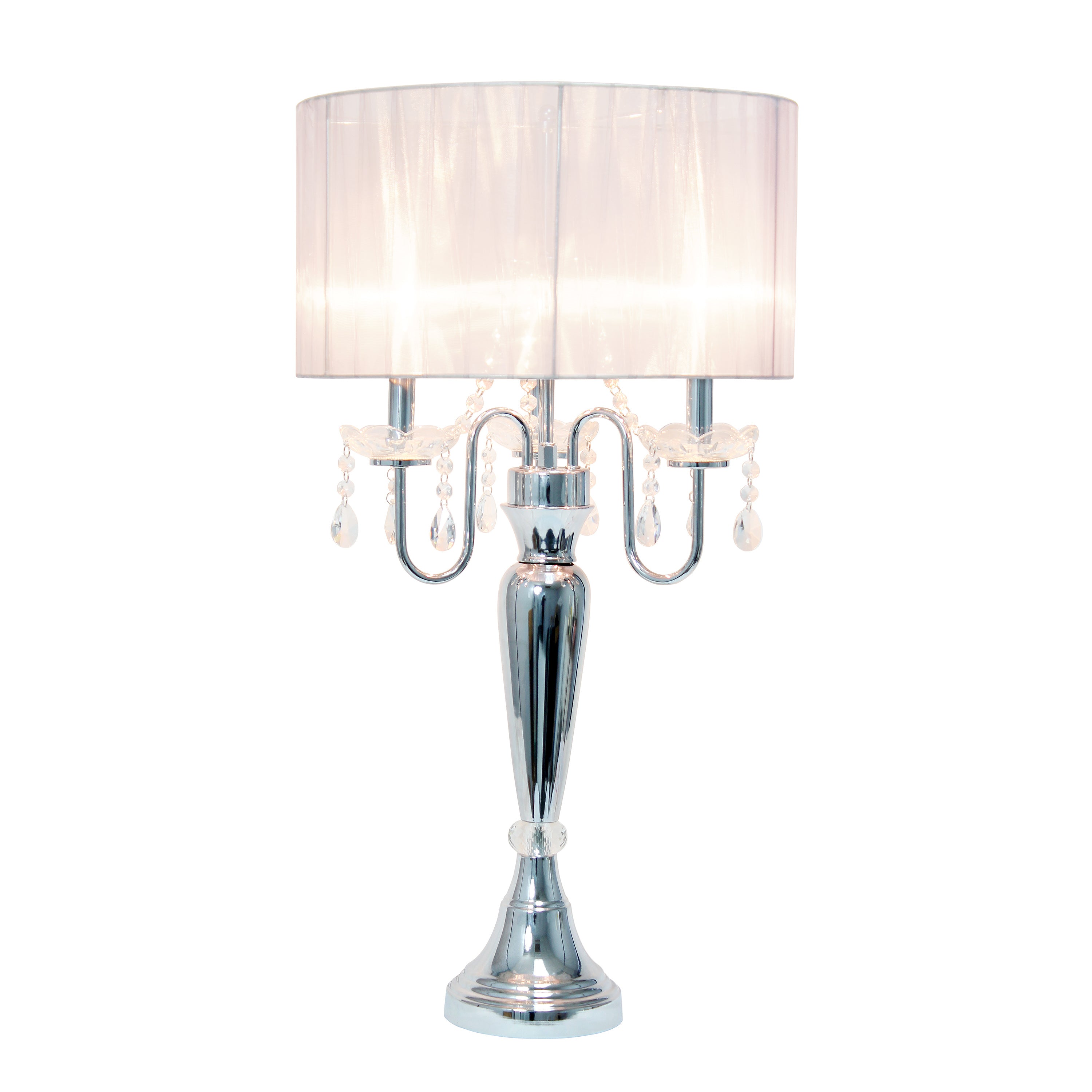 Lalia Home 31' Chrome Cascading Crystal Table Lamp For Dining Room, Living Room, Bedroom, Study, Office, Entryway, White Shade