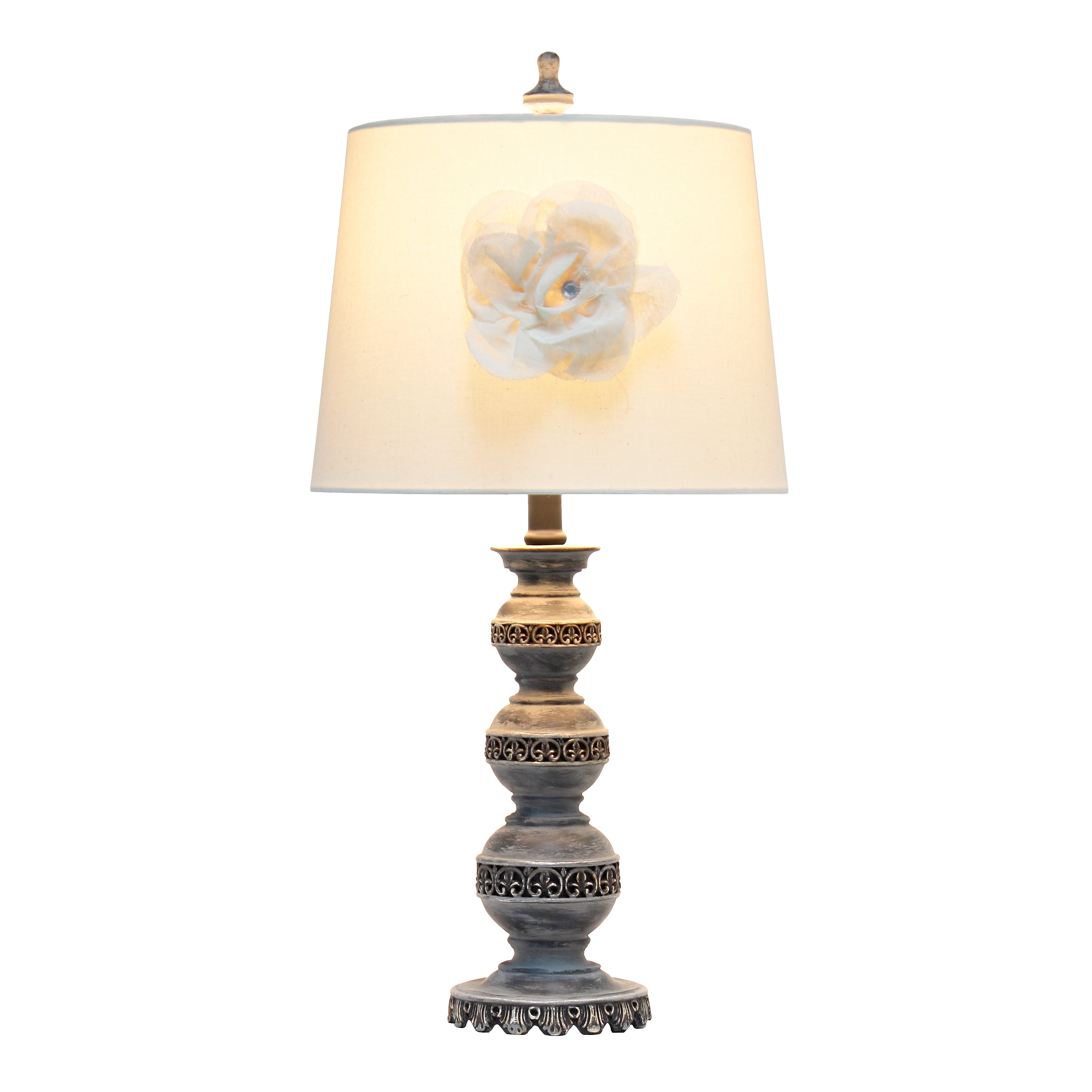 Lalia Home 25' Elegant Embellished Table Lamp With Flower Adornment, Linen Shade, For Living Room, Office, Entryway, Nightstand, Dining Room, Aged Bronze