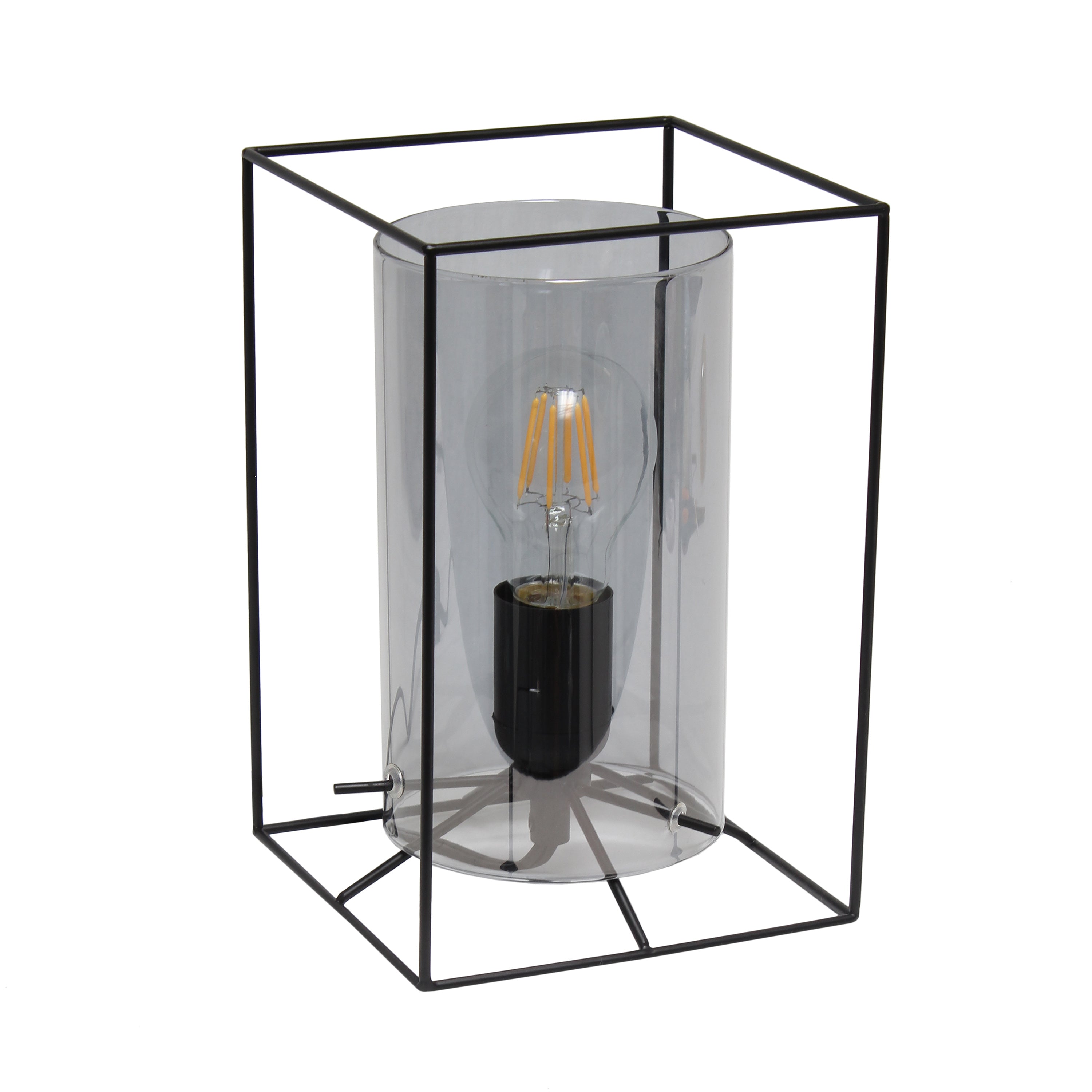 Lalia Home Black Framed Table Lamp With Smoked Cylinder Glass Shade, Small