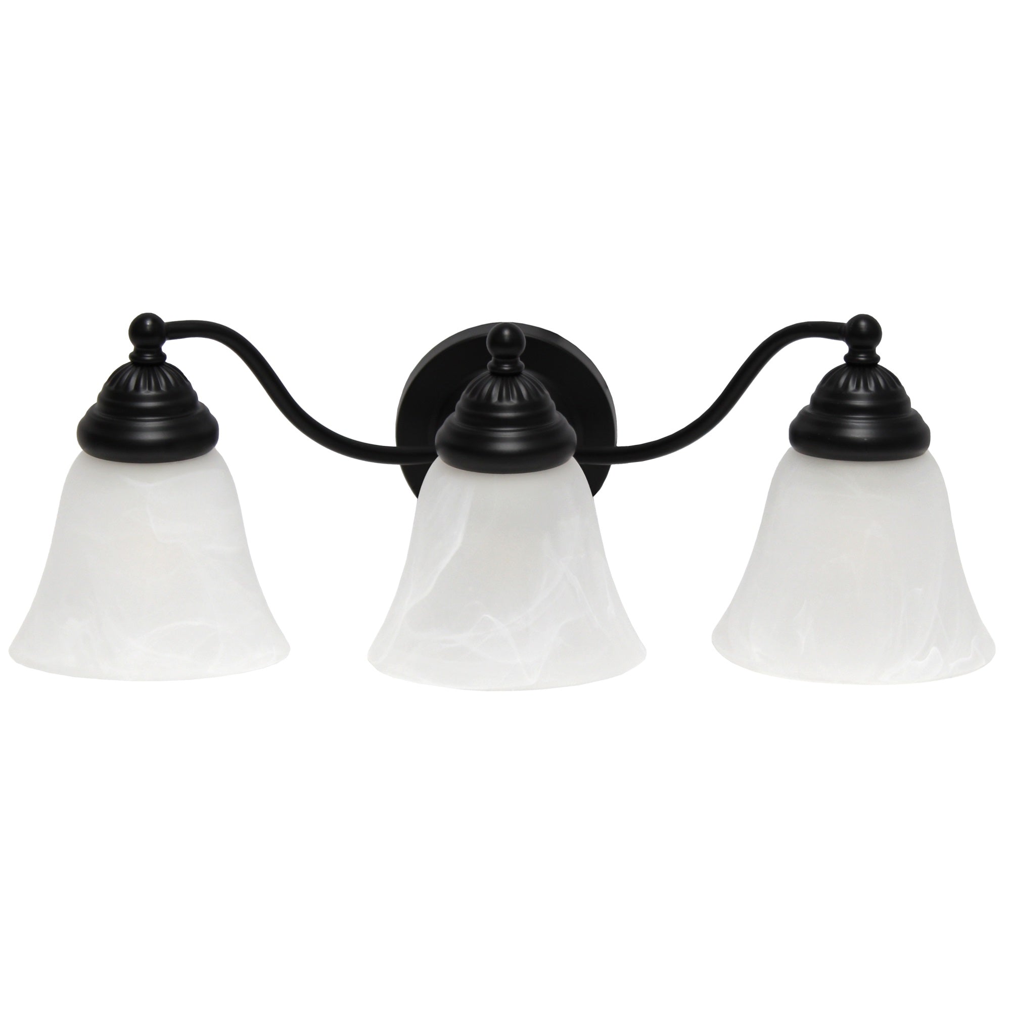 Lalia Home Essentix Traditional Three Light Curved Metal And Alabaster White Glass Shade Vanity Uplight Downlight Wall Mounted Fixture For Bathroom, Entryway, Hallway, Black