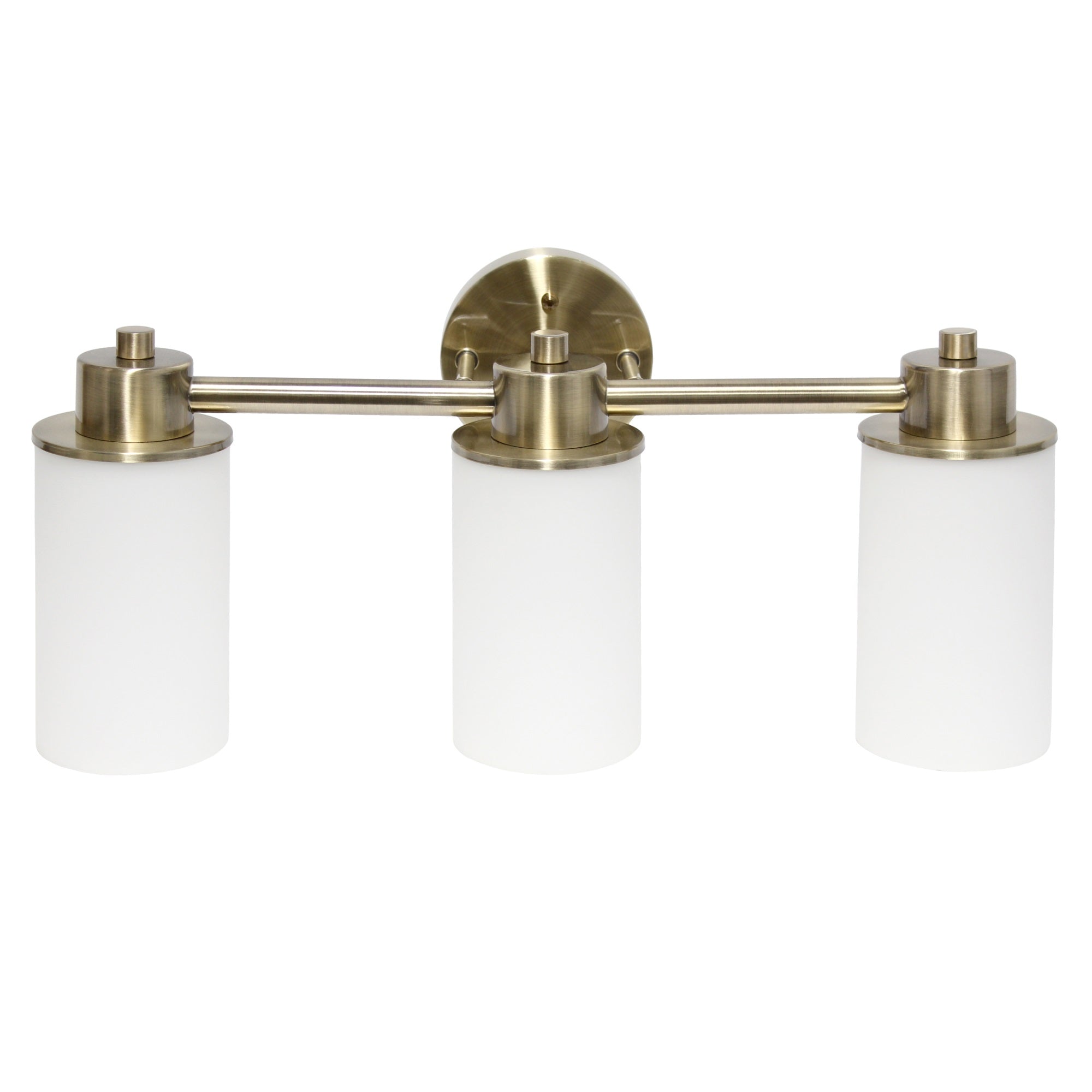 Lalia Home Essentix Contemporary Three Light Metal And Opaque White Glass Shade Vanity Uplight Downlight Wall Mounted Fixture With Round Backplate For Bathroom, Entryway, Hallway, Antique Brass