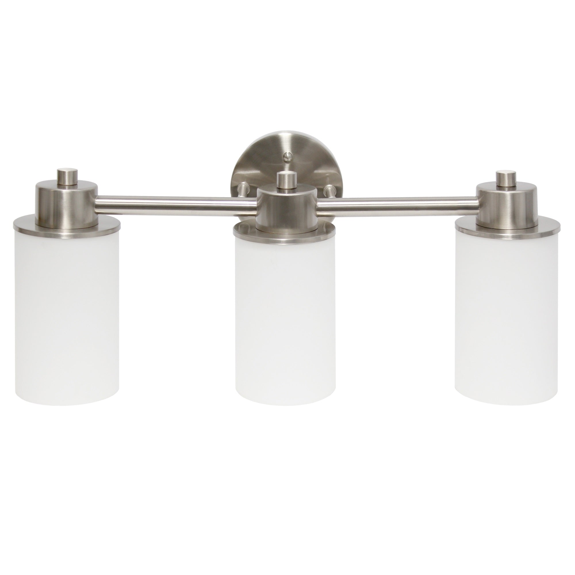 Lalia Home Essentix Contemporary Three Light Metal And Opaque White Glass Shade Vanity Uplight Downlight Wall Mounted Fixture With Round Backplate For Bathroom, Entryway, Hallway, Brushed Nickel