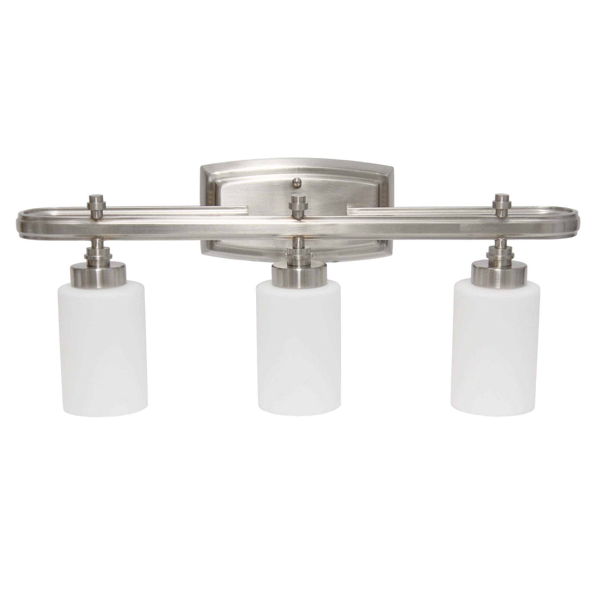 Lalia Home Essentix Contemporary Three Light Metal And Opaque White Glass Shade Vanity Uplight Downlight Wall Mounted Fixture With Rectangle Backplate For Bathroom, Entryway, Hallway, Brushed Nickel