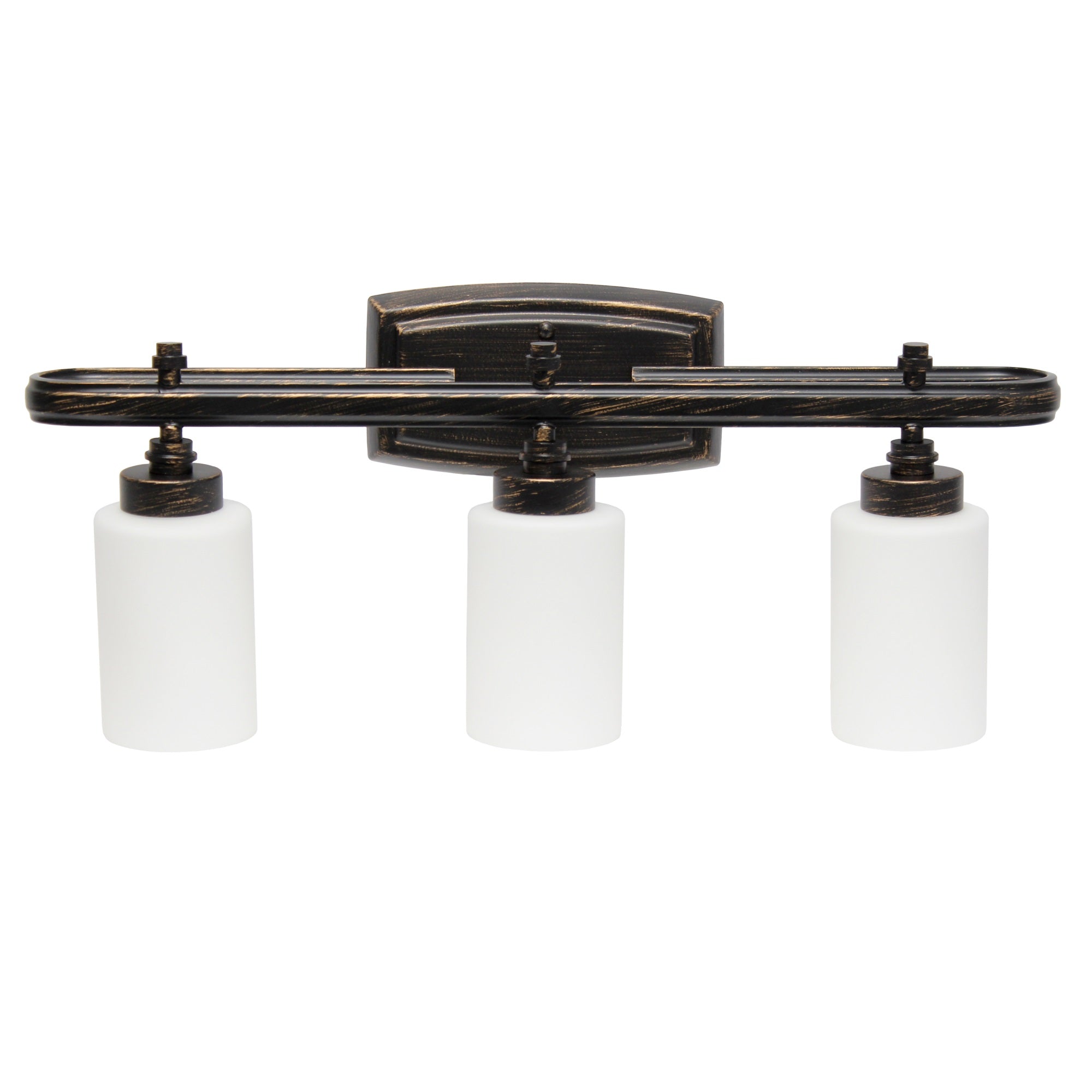 Lalia Home Essentix Contemporary Three Light Metal And Opaque White Glass Shade Vanity Uplight Downlight Wall Mounted Fixture With Rectangle Backplate For Bathroom, Entryway, Hallway, Oil Rubbed Bronze