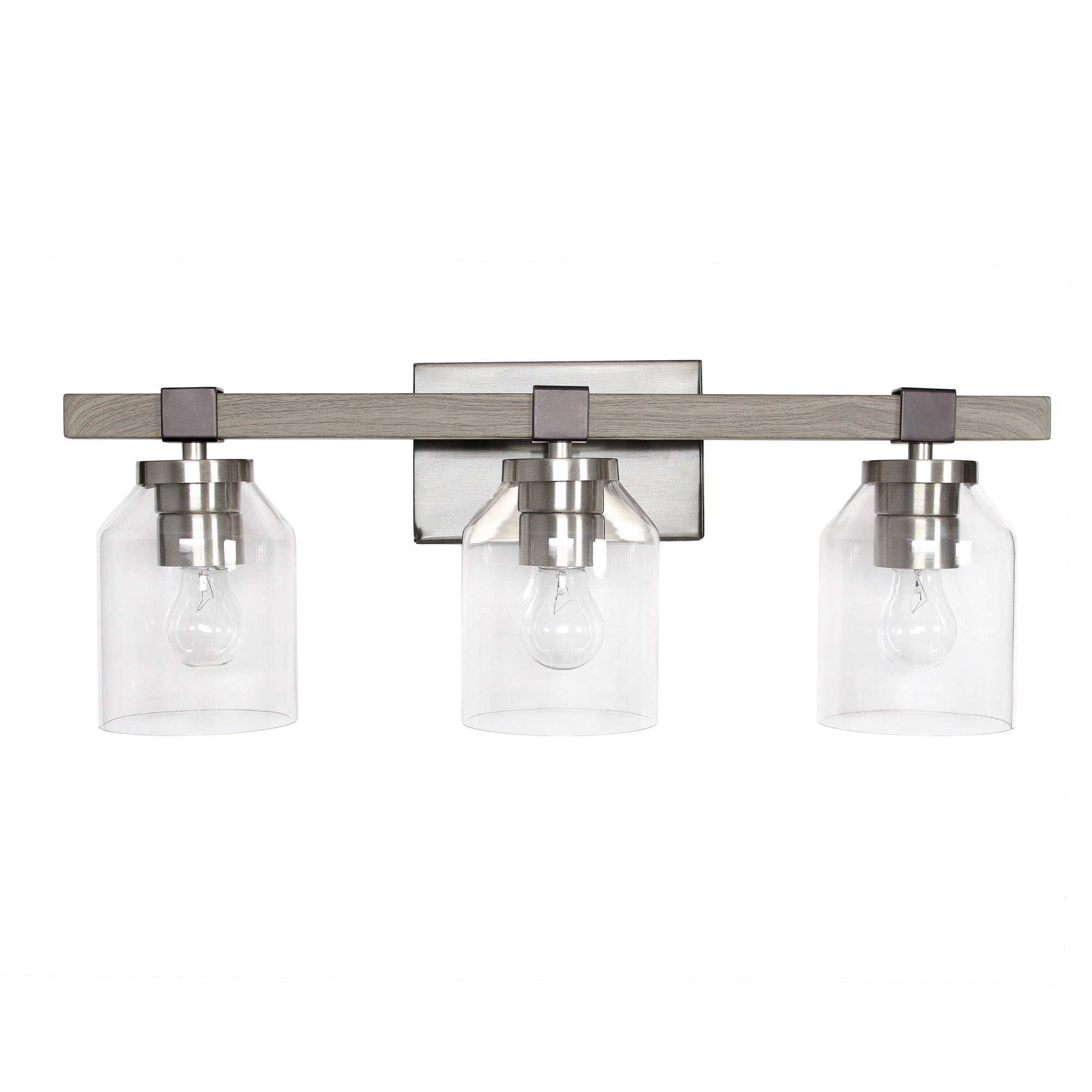 Lalia Home Barnlit Rustic Three Light Metal And Clear Glass Shade Vanity Uplight Downlight Wall Mounted Fixture With Brushed Nickel And Black Accents For Home Dcor, Bathroom, Entryway, Hallway, Gray