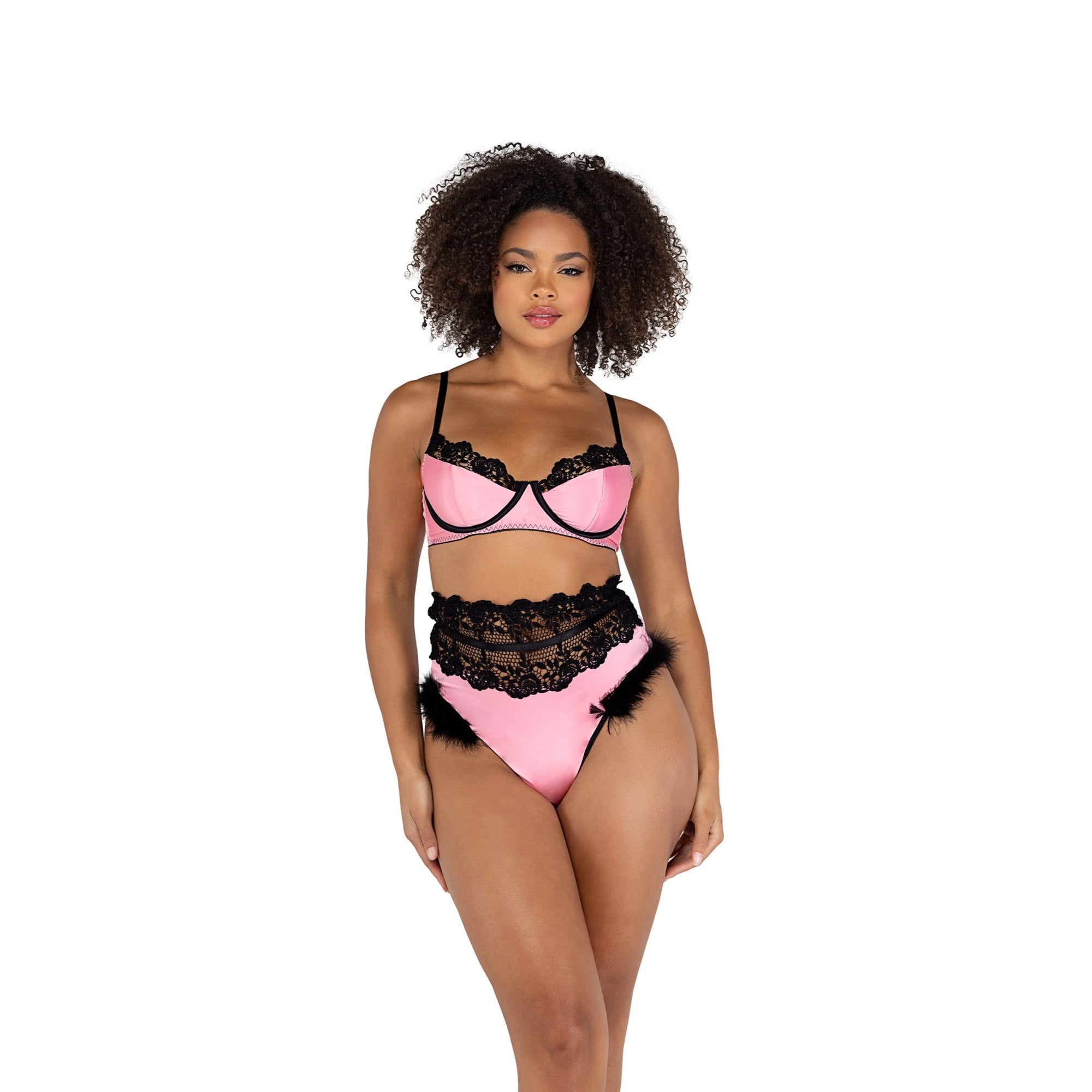 LI481 - 2PC Embroidery & Satin Bralette Set - Medium / Pink/Black
