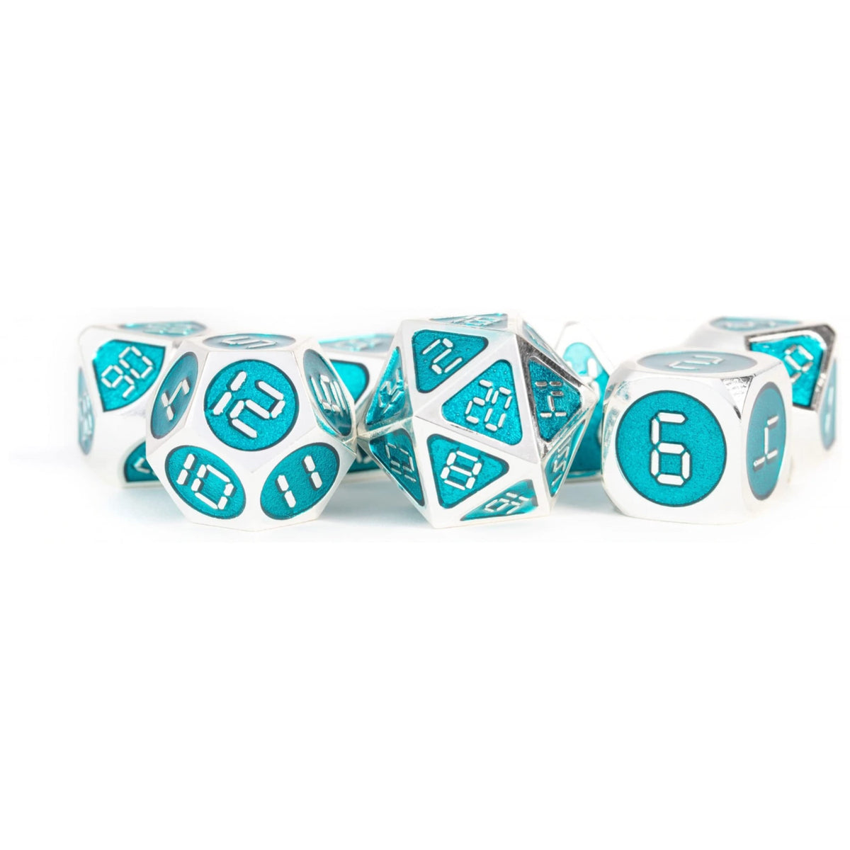 Fanroll By Metallic Dice Games 16Mm Metal Polyhedral Dnd Dice Set: Silver W/Teal Enamel, Role Playing Game Dice For Dungeons And Dragons