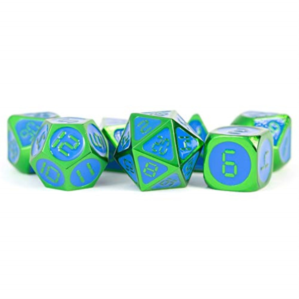 Metallic Dice Games Lic023 Metal Dice With Blue Enamel & Green Digital Clock Display Numbers - Set Of 7