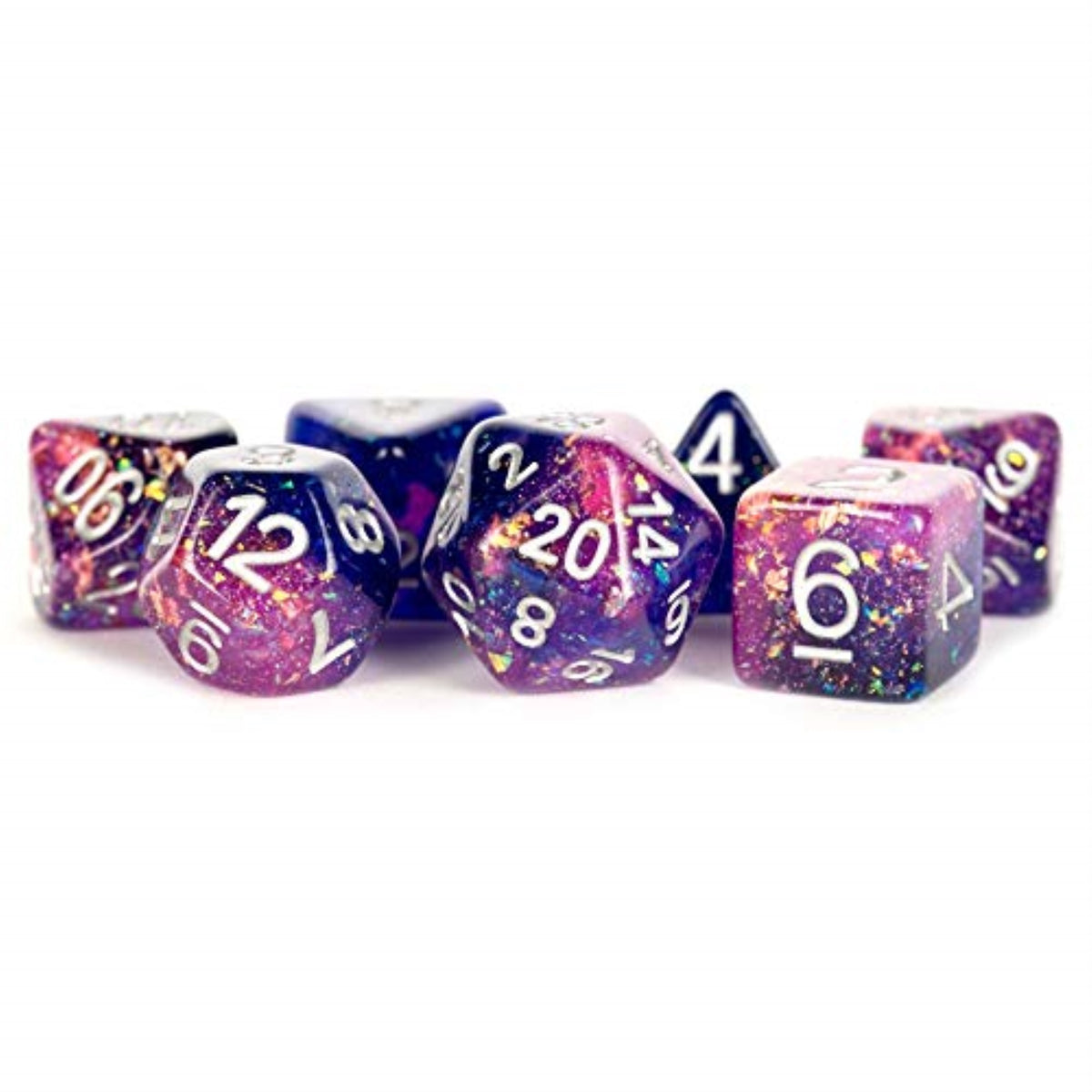 Purple And Blue Eternal Resin With White Numbers 16Mm (5/8In) 7 Dice Set Metallic Dice Games
