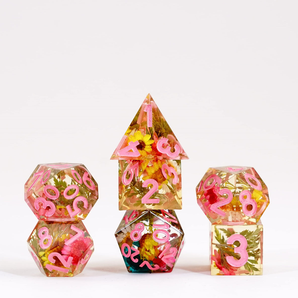 Fanroll By Metallic Dice Games Sharp Edge Resin Dnd Dice Set: Chrysanthemum W/Pink, Role Playing Game Dice For Dungeons And Drag