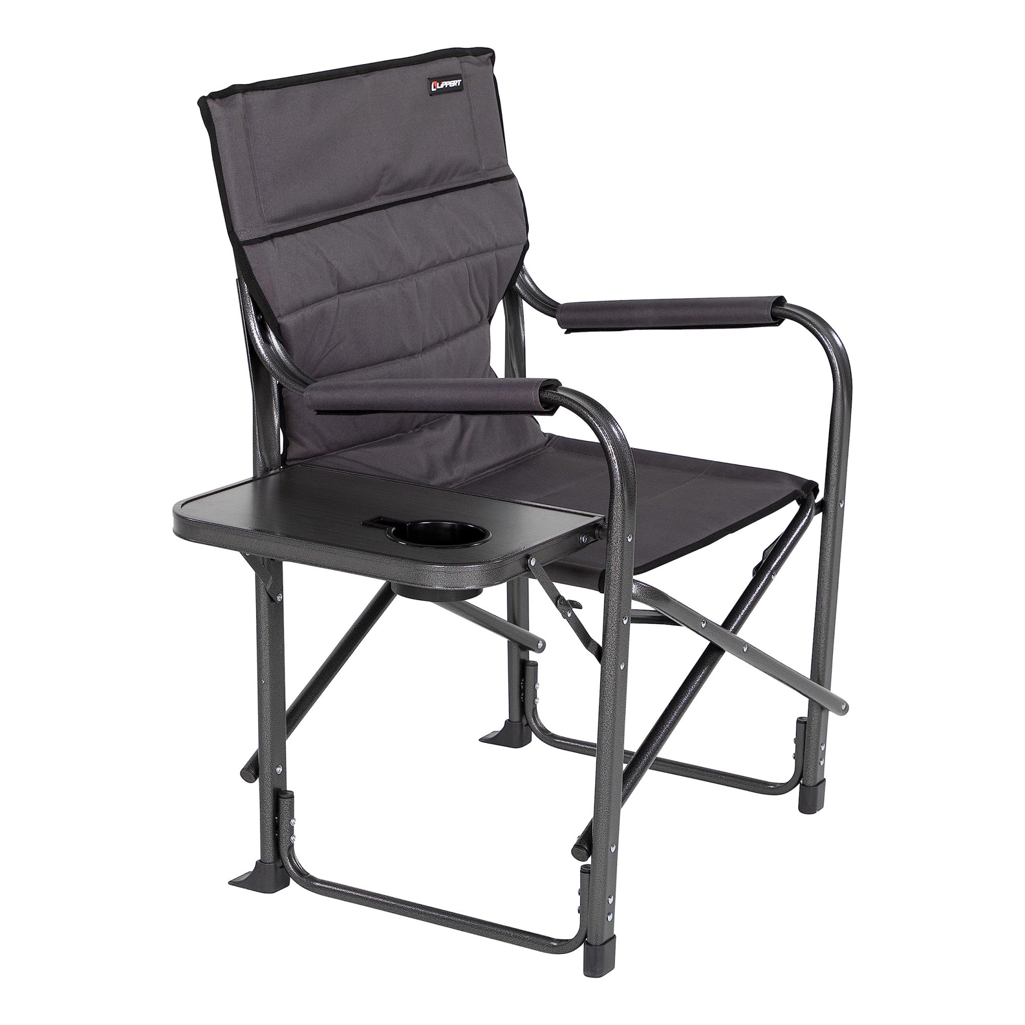 Lippert Scout Plus Director Chair With Side Table For Camping, Foldable, Steel Tube Frame, 600D Polyester, Uv And Water Resistant Pvc Coating, 400 Lb. Weight Capacity, Dark Grey - 2021123280