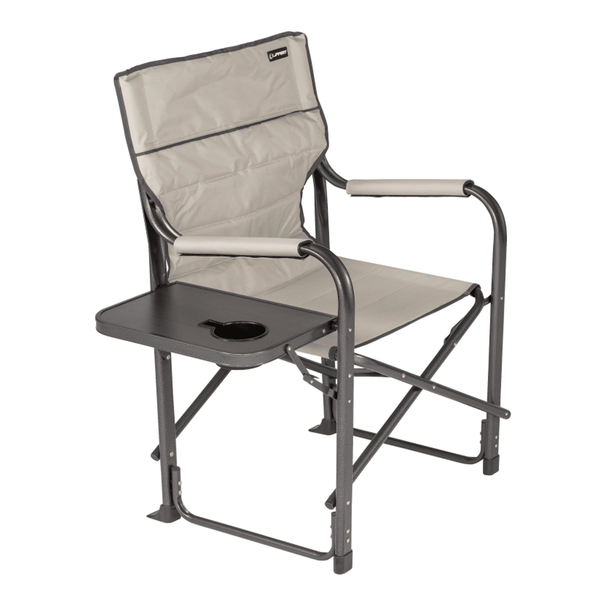 Lippert Components Scout Plus Director Chair With Side Table For Camping, Foldable, Steel Tube Frame, 600D Polyester, Uv And Water Resistant Pvc Coating, 400 Lb. Weight Capacity, Sand - 2021123282