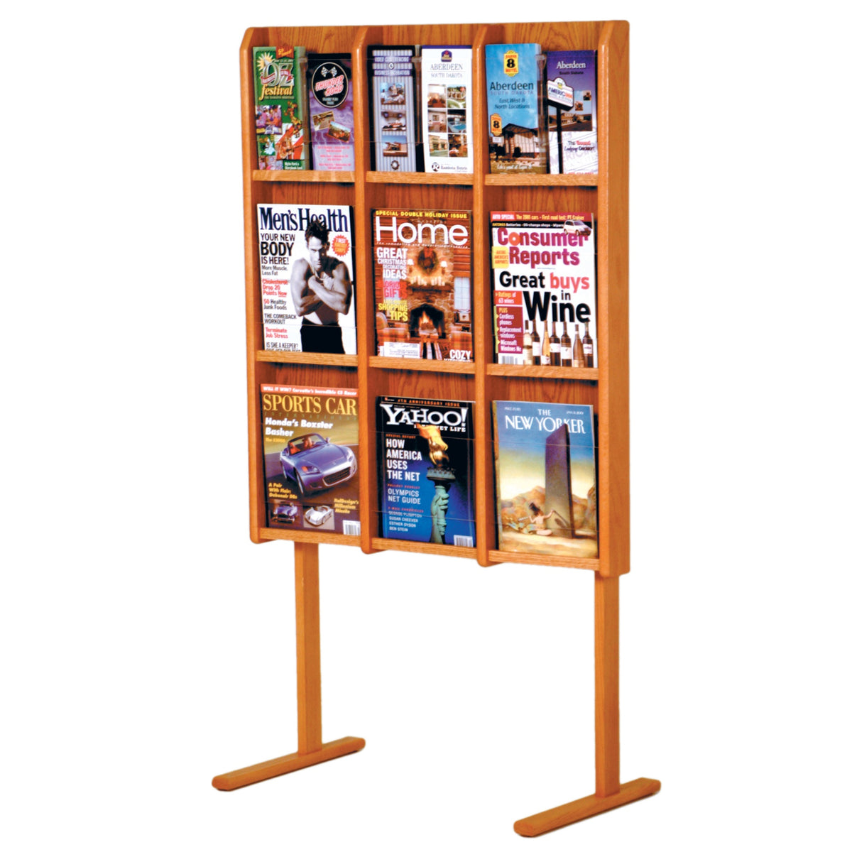 Wooden Mallet Divulge 9 Magazine/18 Brochure Floor Display W/Brochure Inserts, Medium Oak