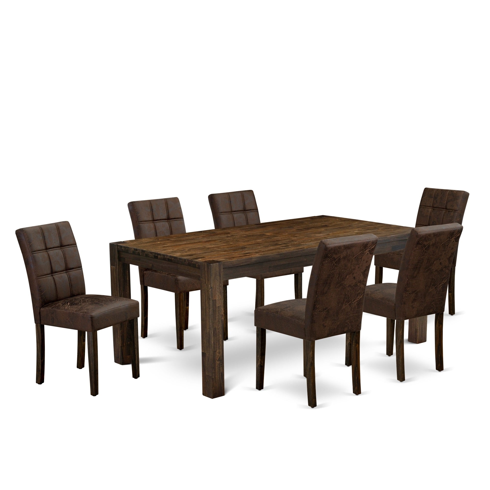 East West Furniture Lmas7-07-T25 7 Piece Mid Century Dining Set Consists A Mid Century Dining Table And 6 Black Textured Faux Leather Kitchen Chairs, Distressed Jacobean