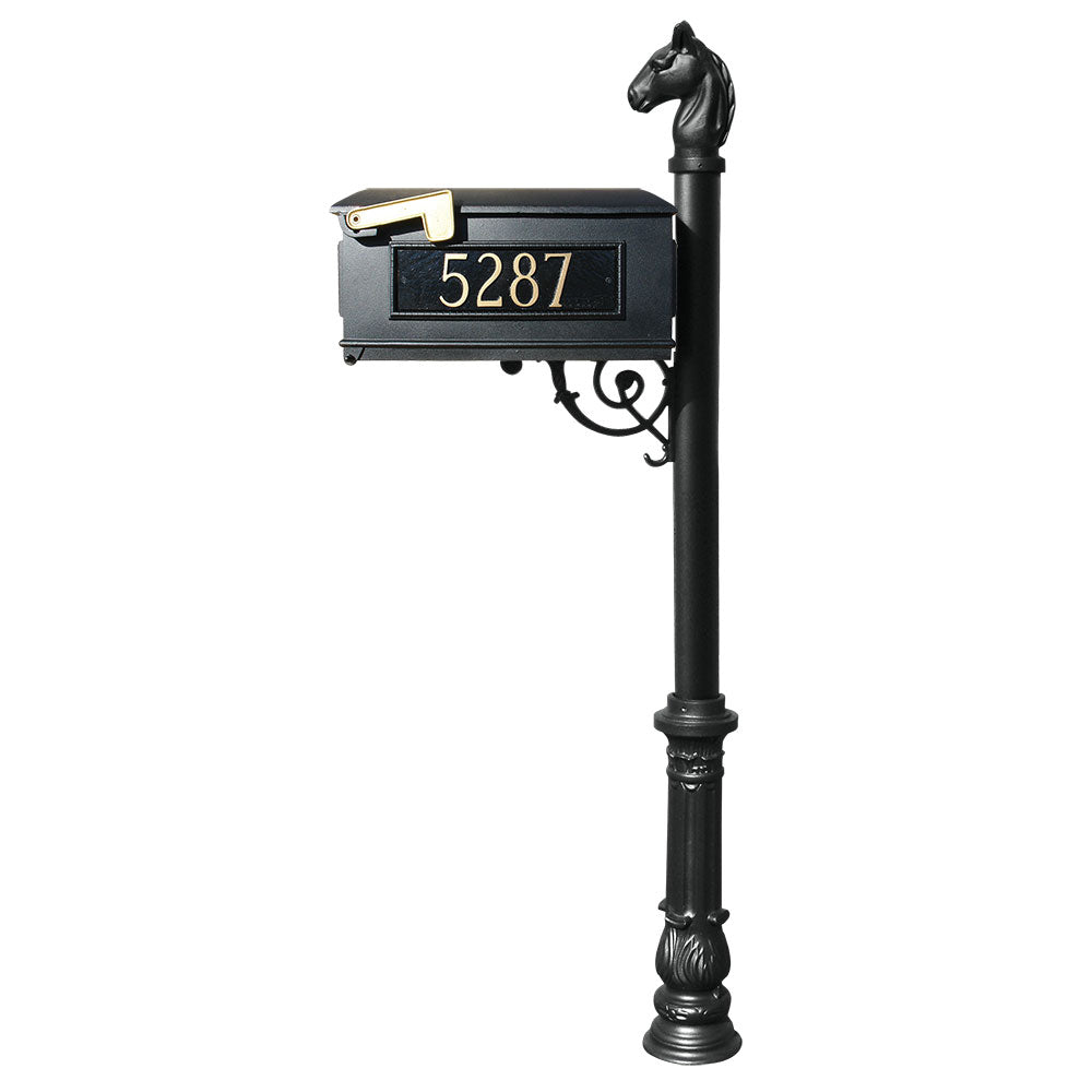Lewiston Equine Mailbox Post System With Ornate Base, Horsehead Finial, And 3 Cast Aluminum Personalized Address Plates , Black