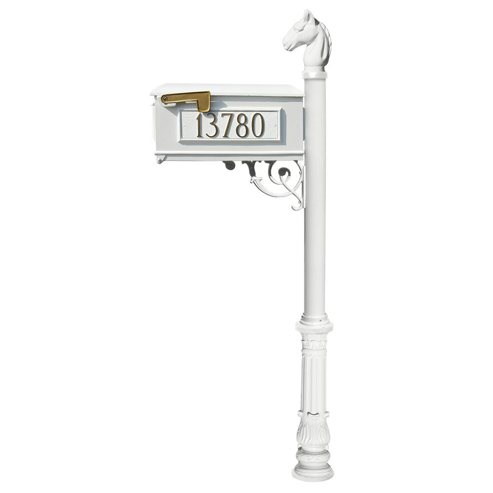 Lewiston Equine Mailbox Post System With Ornate Base, Horsehead Finial, And 3 Cast Aluminum Personalized Address Plates , White