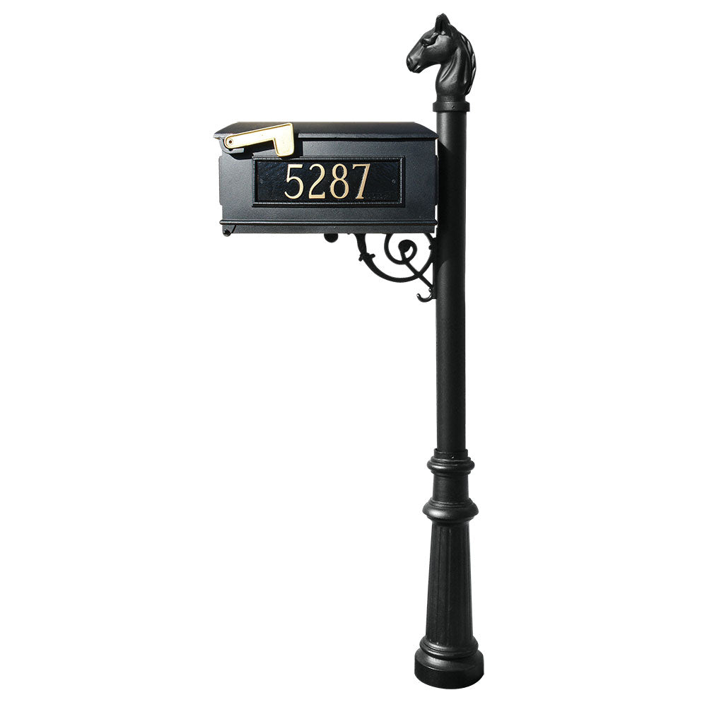 Lewiston Equine Mailbox post system with fluted base, horsehead finial and 3 cast aluminum personalized address plates  , Black