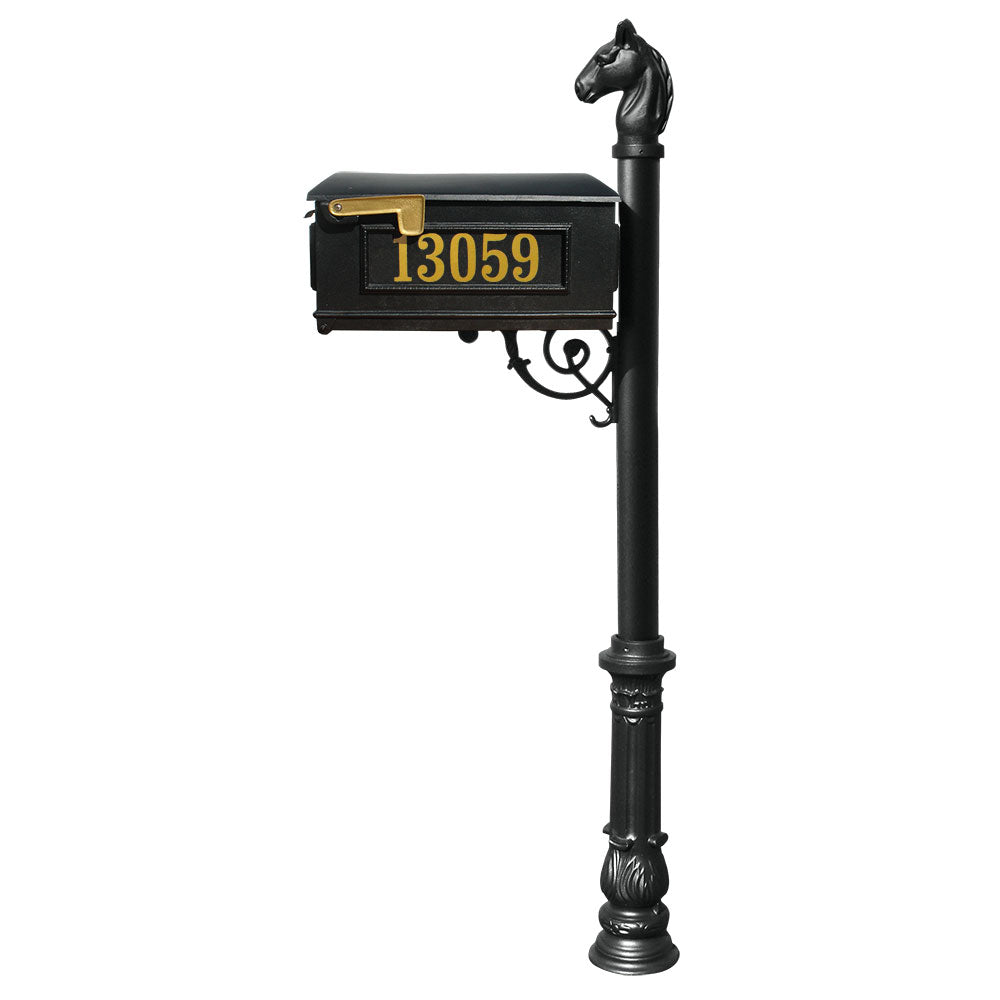 Lewiston Equine Mailbox Post System With Decorative Ornate Base, Horsehead Finial And Gold Vinyl Personalized Numbers , Black