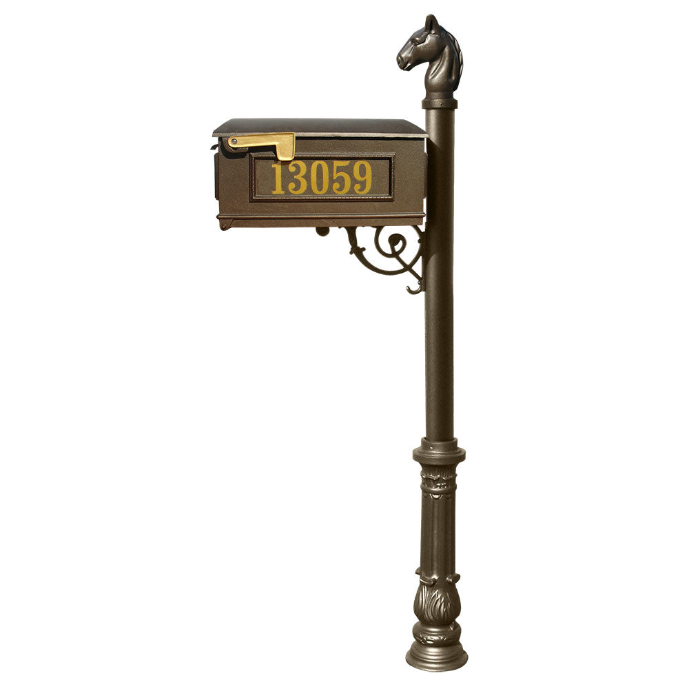 Lewiston Equine Mailbox Post System With Decorative Ornate Base, Horsehead Finial And Gold Vinyl Personalized Numbers , Bronze