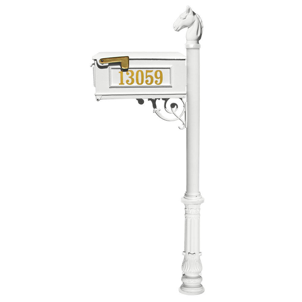 Lewiston Equine Mailbox Post System With Decorative Ornate Base, Horsehead Finial And Gold Vinyl Personalized Numbers , White