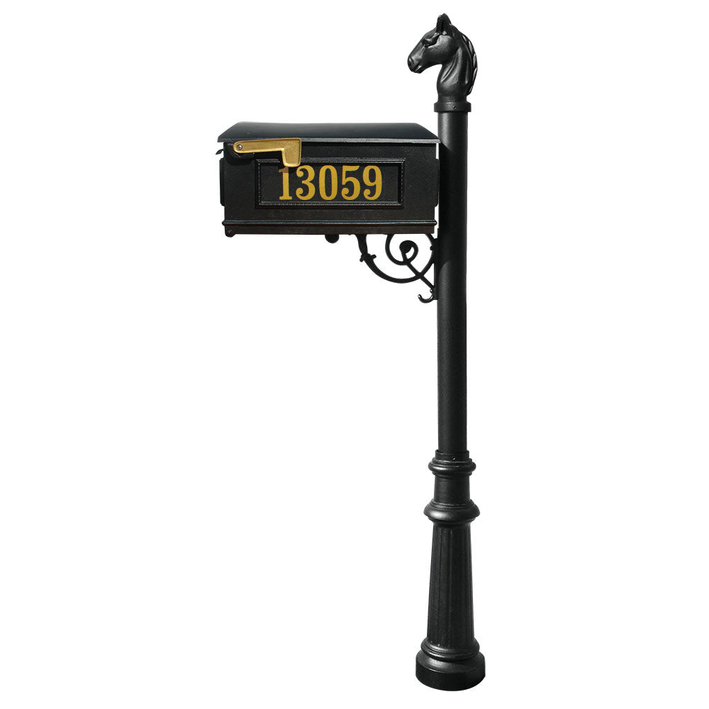 Lewiston Equine Mailbox Post System With Decorative Fluted Base, Horsehead Finial And Gold Vinyl Personalized Numbers , Black