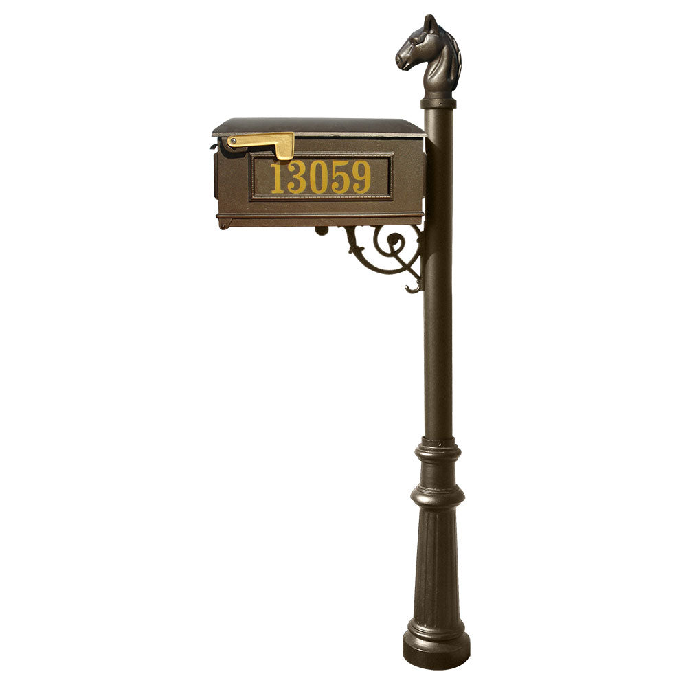 Lewiston Equine Mailbox Post System With Decorative Fluted Base, Horsehead Finial And Gold Vinyl Personalized Numbers , Bronze