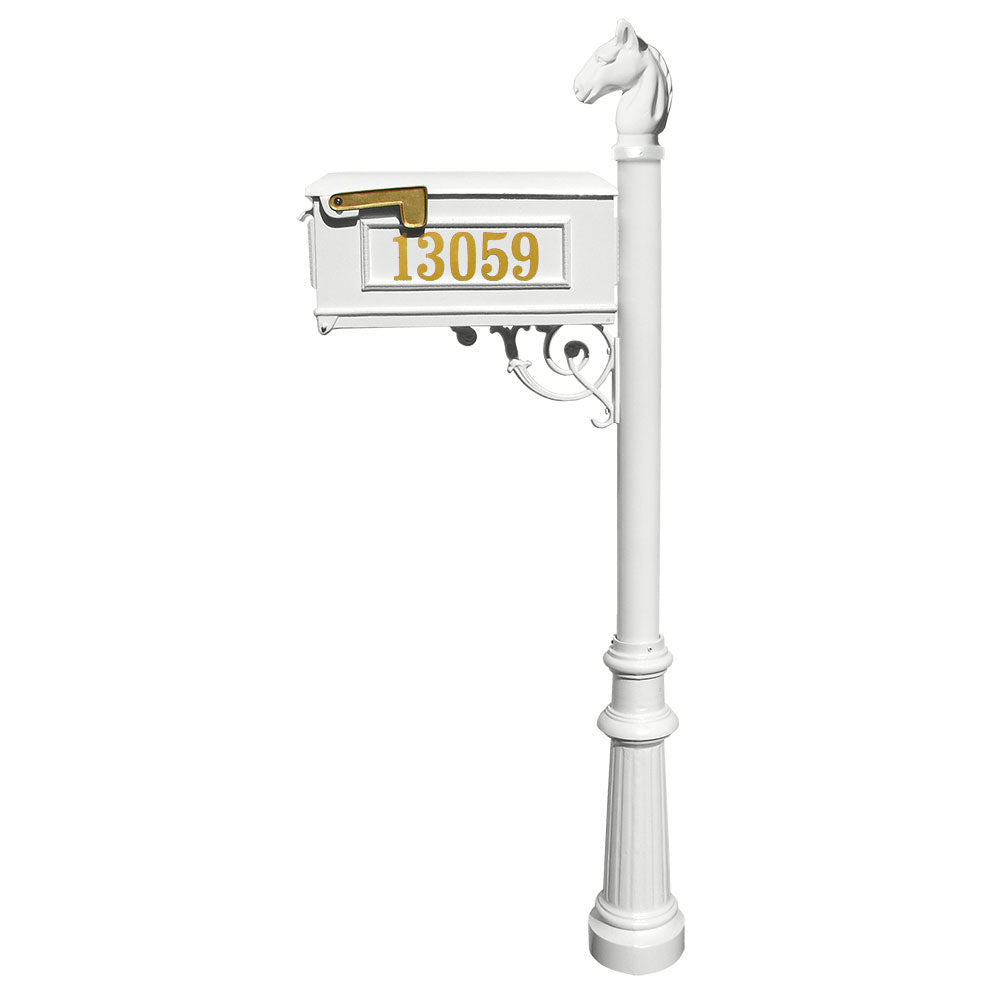 Lewiston Equine Mailbox Post System With Decorative Fluted Base, Horsehead Finial And Gold Vinyl Personalized Numbers , White