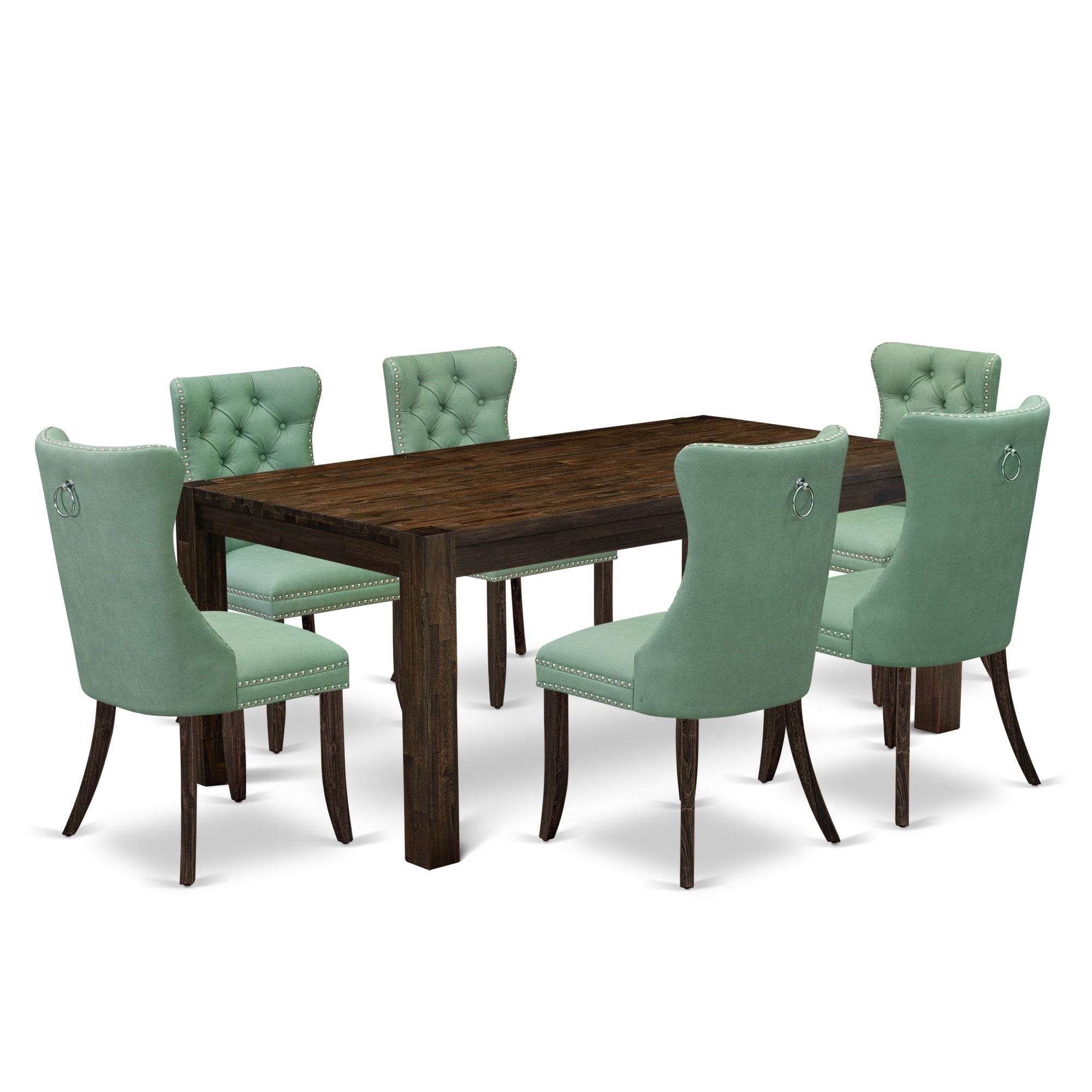 East West Furniture Lmda7-07-T22 7 Piece Dining Table Set Consists Of A Rectangle Rustic Wood Table And 6 Upholstered Parson Chairs, 40X72 Inch, Distressed Jacobean