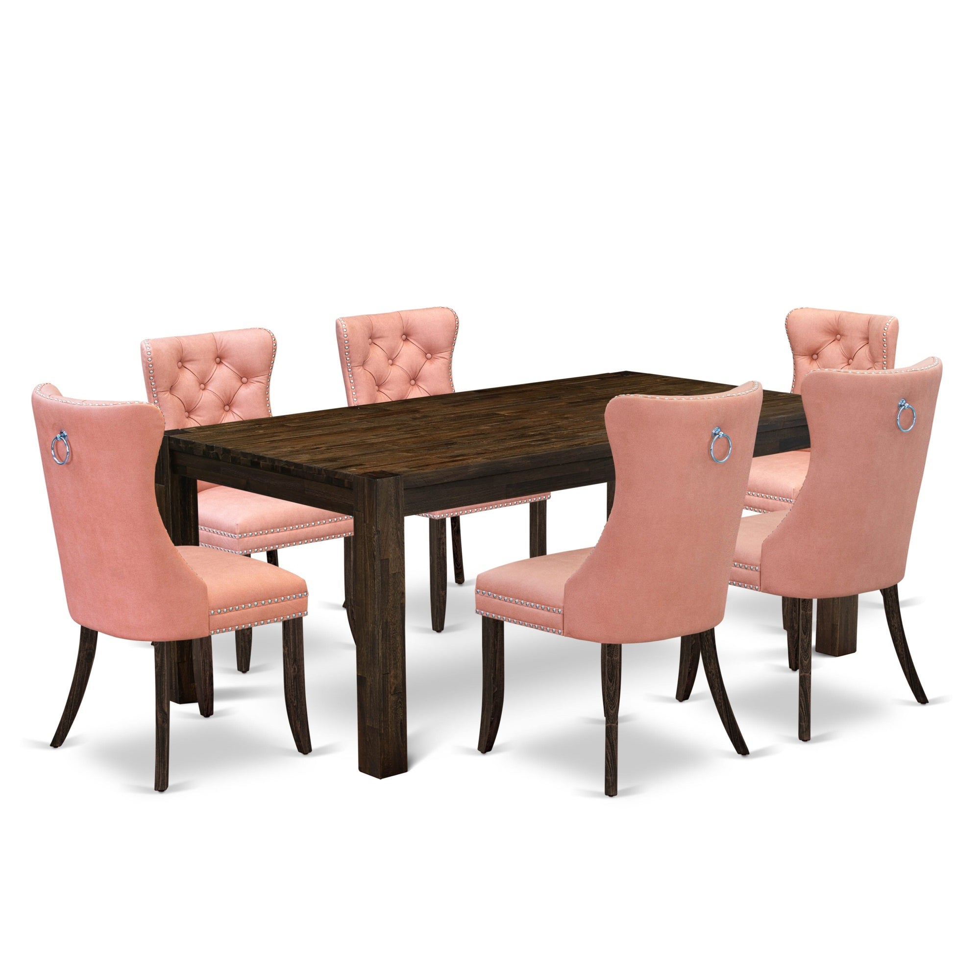 East West Furniture Lmda7-07-T23 7 Piece Dining Set Contains A Rectangle Rustic Wood Table And 6 Upholstered Parson Chairs, 40X72 Inch, Distressed Jacobean
