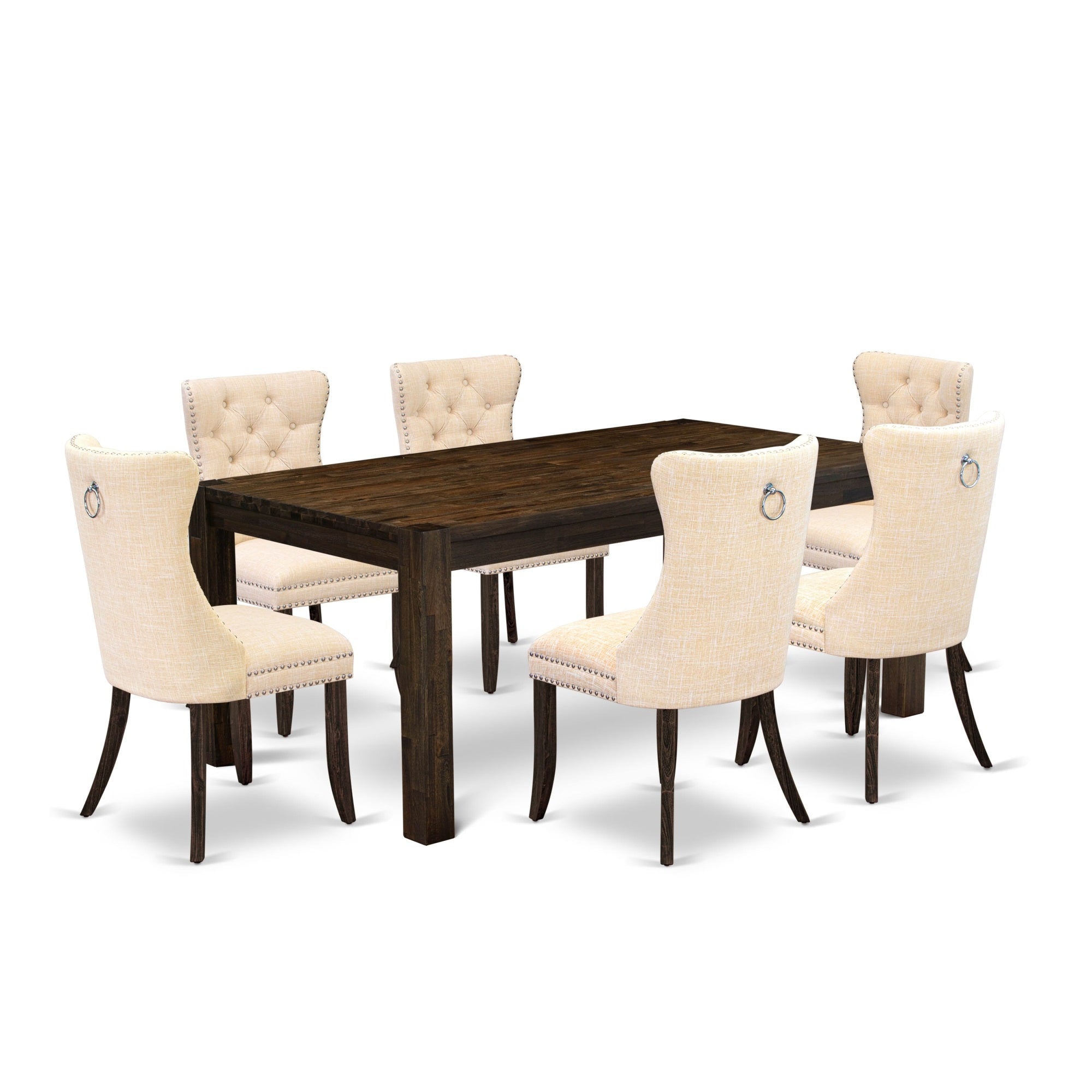 East West Furniture Lmda7-07-T32 7 Piece Dinette Set Contains A Rectangle Rustic Wood Kitchen Table And 6 Upholstered Dining Chairs, 40X72 Inch, Distressed Jacobean