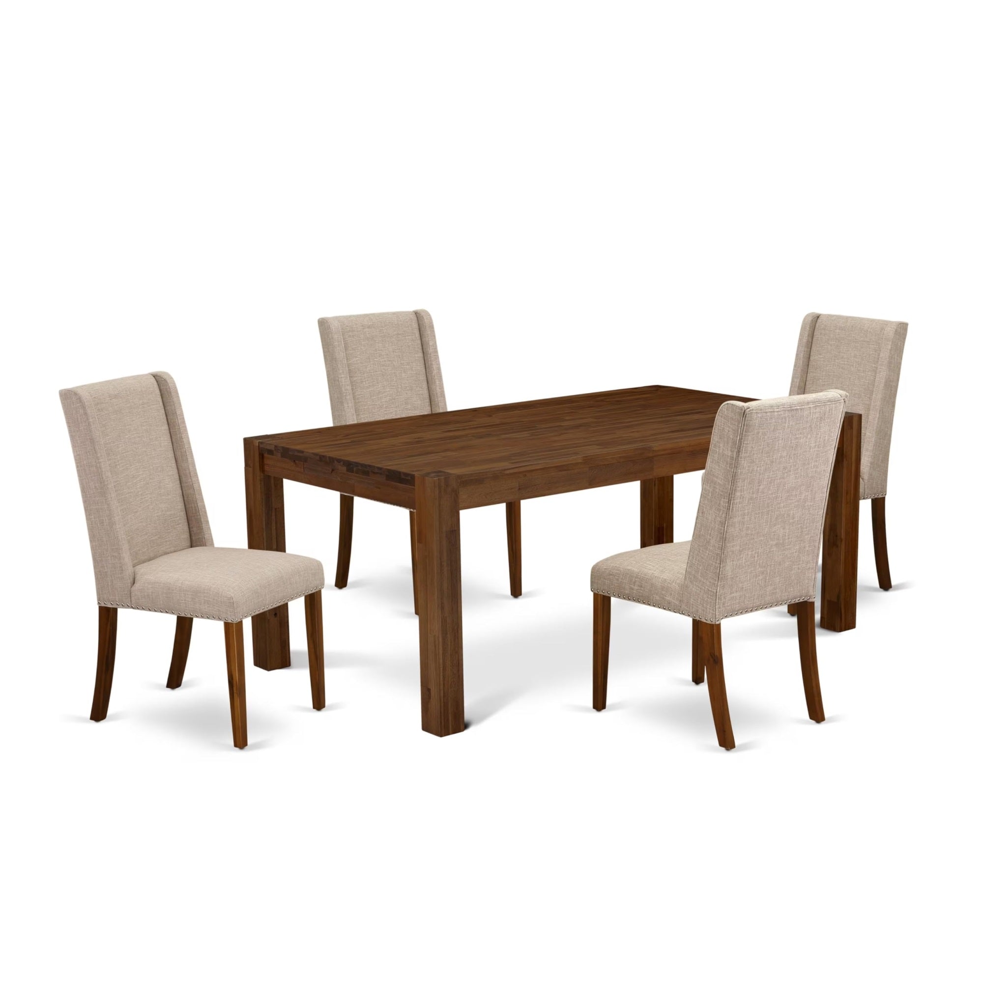 Casafoyer Lismore 5 Piece Dinette Set For 4 Includes A Rectangle Rustic Wood Table And 4 Light Tan Linen Fabric Parson Dining Room Chairs, 40X72 Inch, Lmfl5-N8-04
