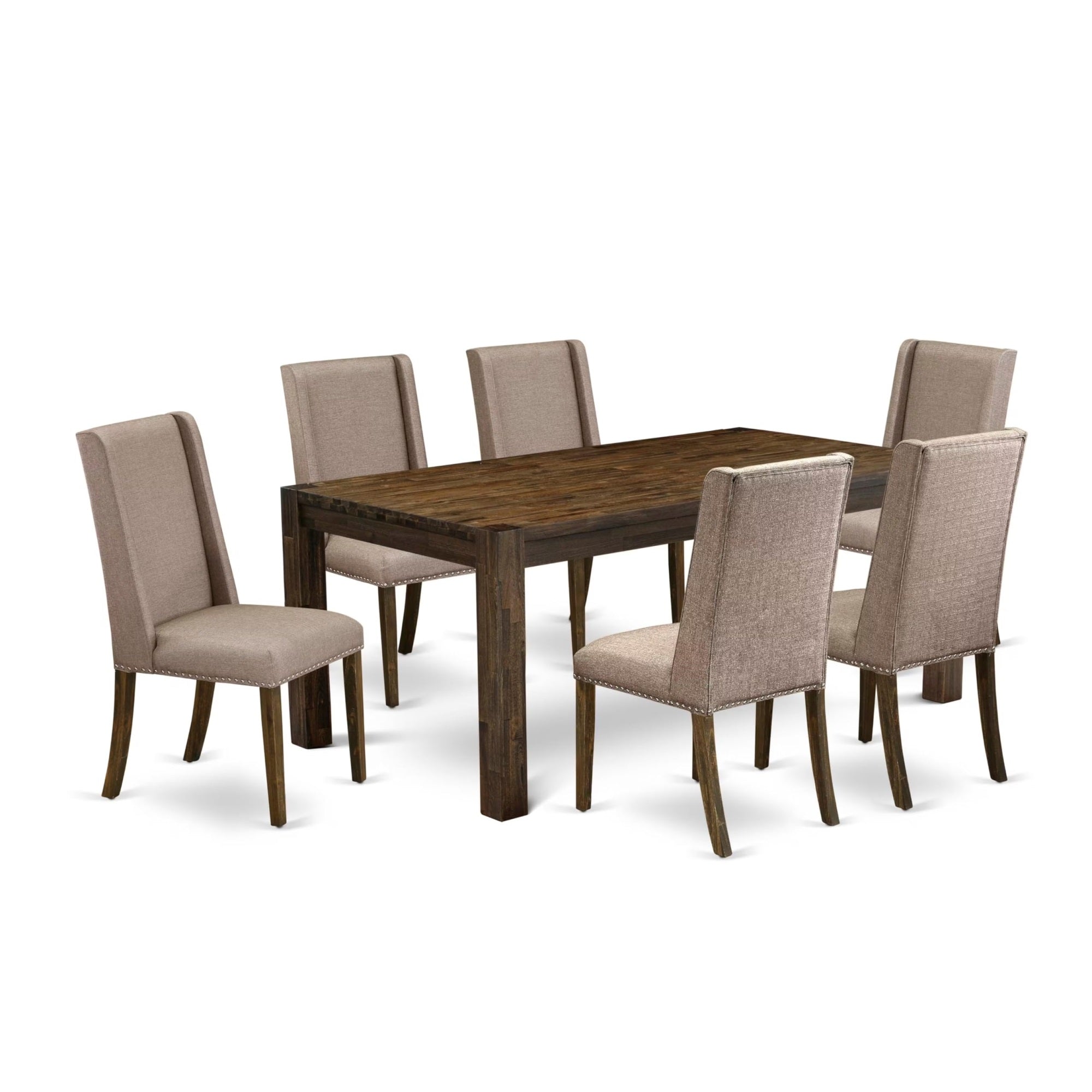 Casafoyer Lismore 7 Piece Kitchen Set Consist Of A Rectangle Rustic Wood Table And 6 Dark Khaki Linen Fabric Parson Dining Chairs, 40X72 Inch, Lmfl7-77-16
