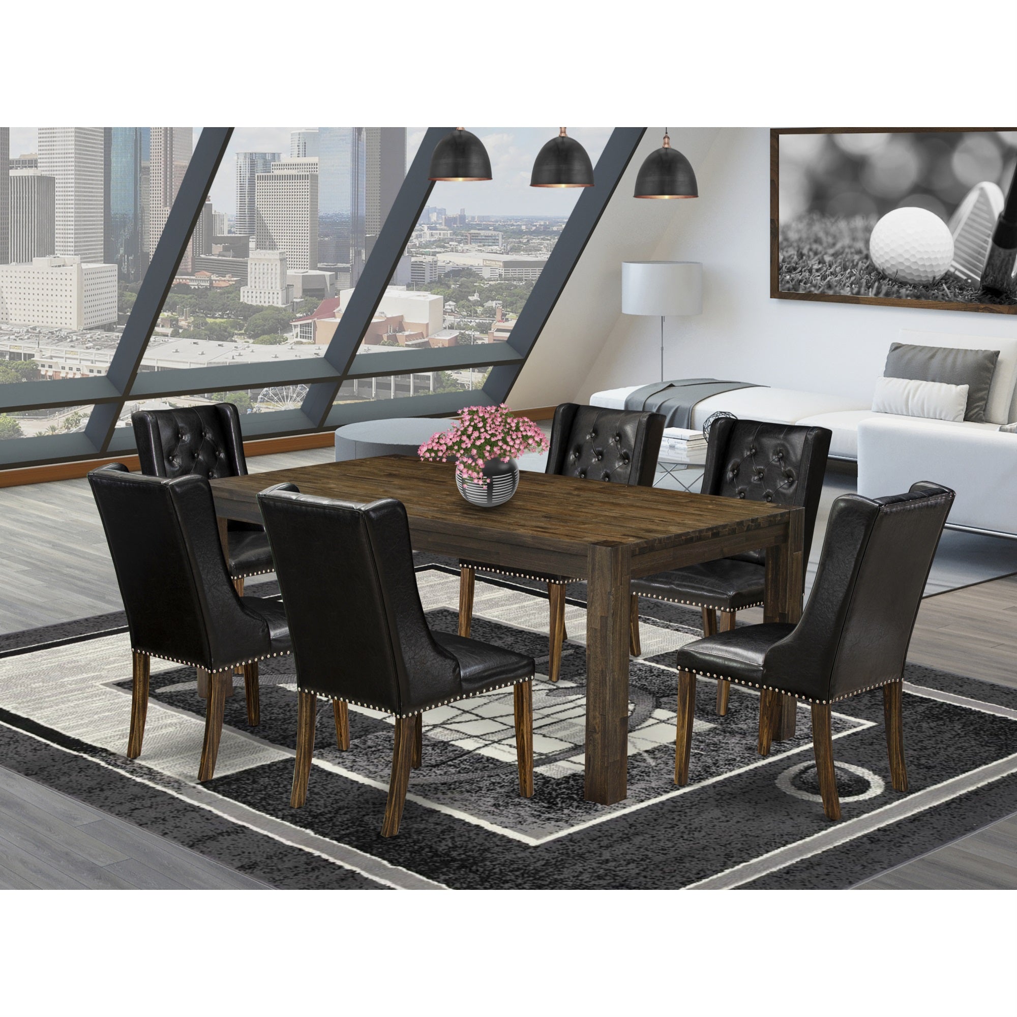East West Furniture Lmfo7-77-49 7-Piece Kitchen Dining Set Includes 1 Rectangular Dining Table And 6 Black Linen Fabric Dining Chairs With Button Tufted Back - Distressed Jacobean Finish