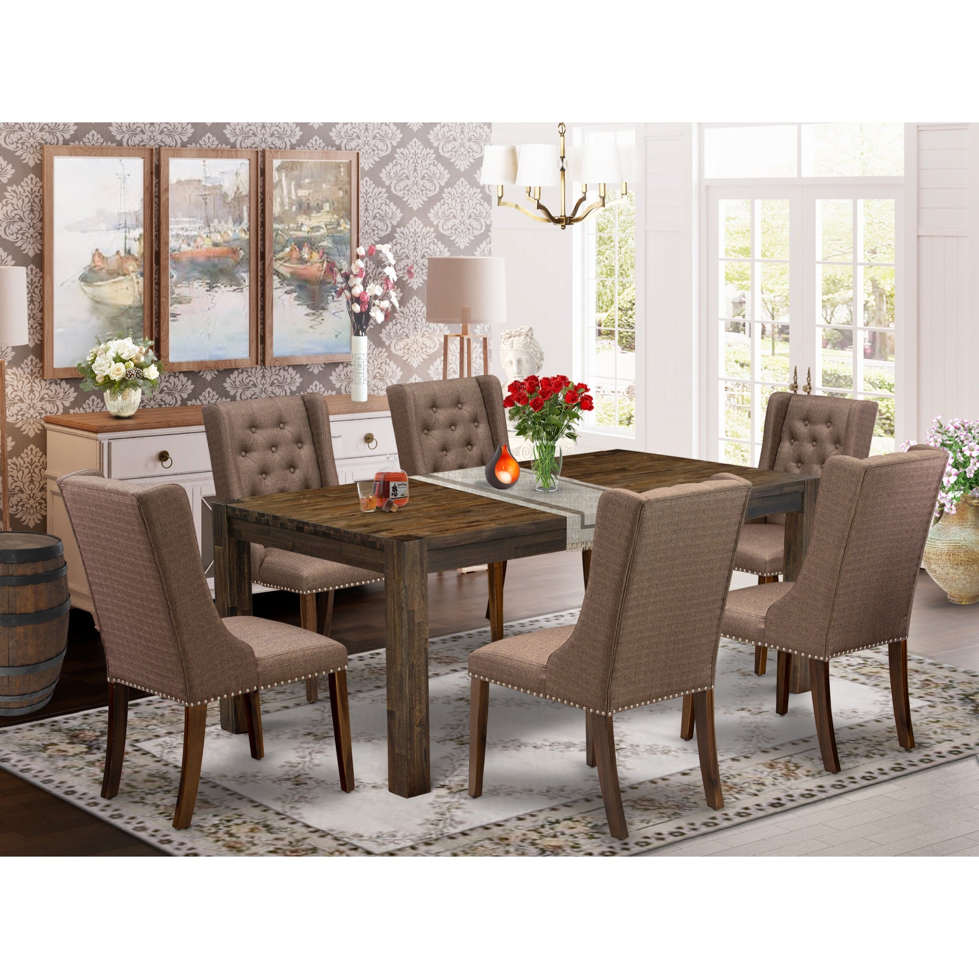 East West Furniture Lmfo7-N8-18 7-Piece Dining Table Set Includes Rectangular Dining Table And 6 Brown Linen Fabric Dining Chair With Button Tufted Back - Antique Walnut Finish