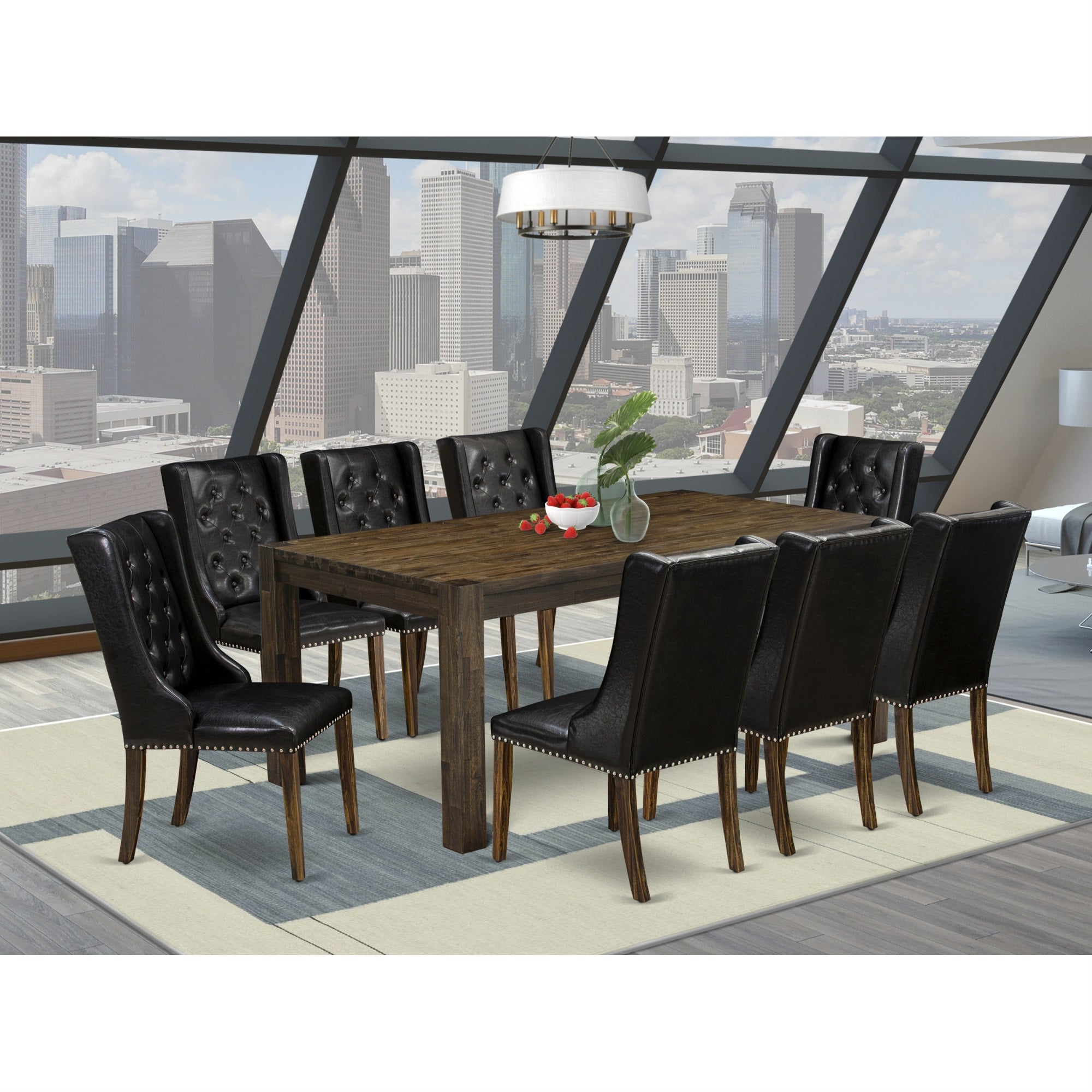 East West Furniture Lmfo9-77-49 9-Pc Modern Dining Table Set Includes 1 Dining Table And 8 Black Linen Fabric Dining Chairs With Button Tufted Back - Distressed Jacobean Finish