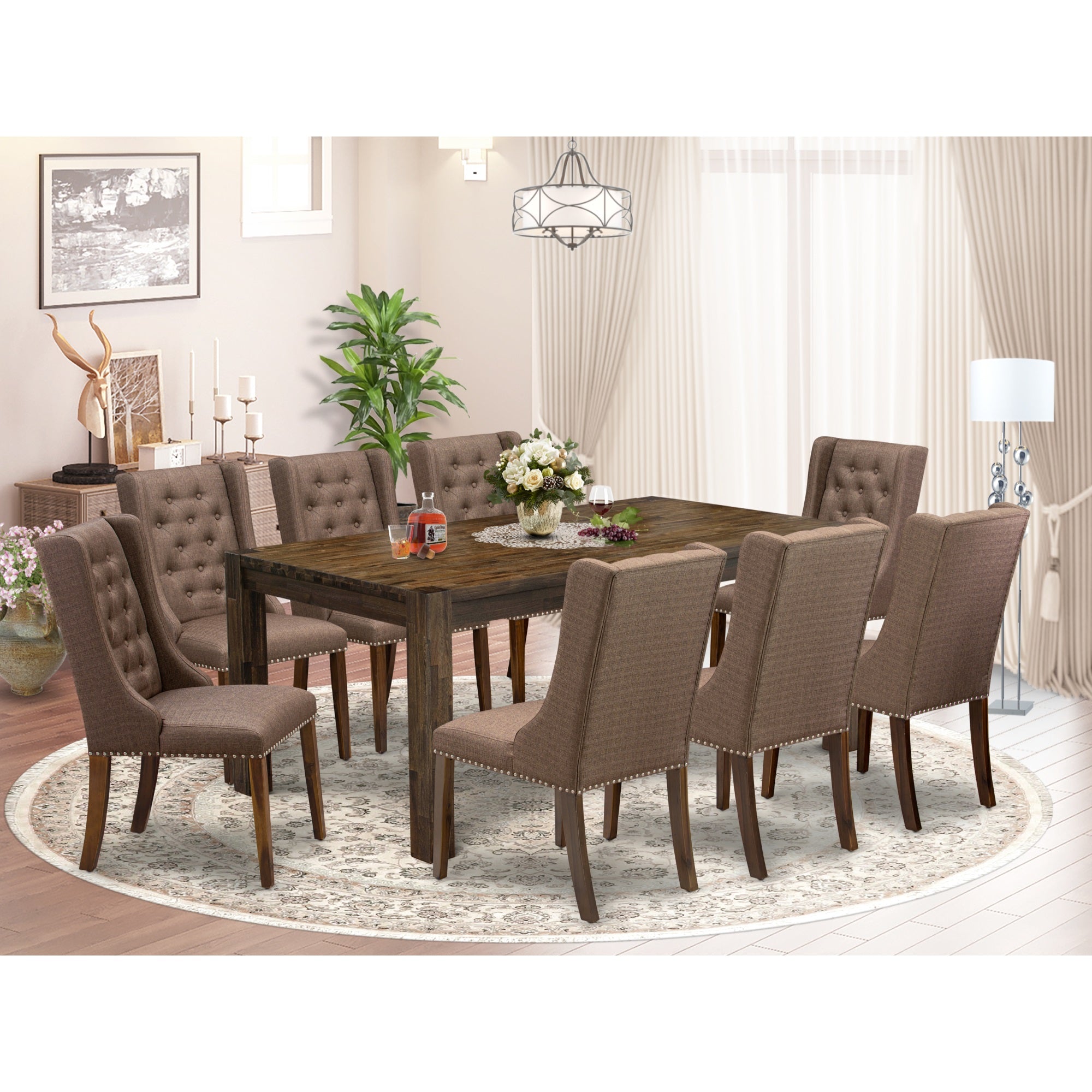 East West Furniture Lmfo9-N8-18 9-Pc Dining Table Set Includes 1 Modern Rectangular Dining Table And 8 Brown Linen Fabric Parson Dining Chairs With Button Tufted Back - Antique Walnut Finish