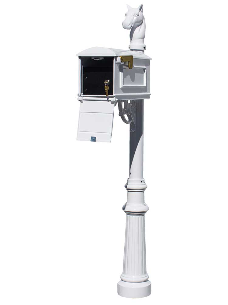 Lewiston Equine Mailbox Post System With Locking Insert, Fluted Base, Horsehead Finial (No Address Plates Or Numbers) , White