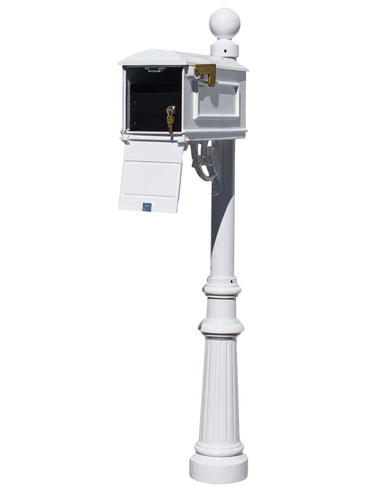 Lewiston Equine Mailbox Post System With Locking Insert, Fluted Base, Ball Finial (No Address Plates Or Numbers) , White