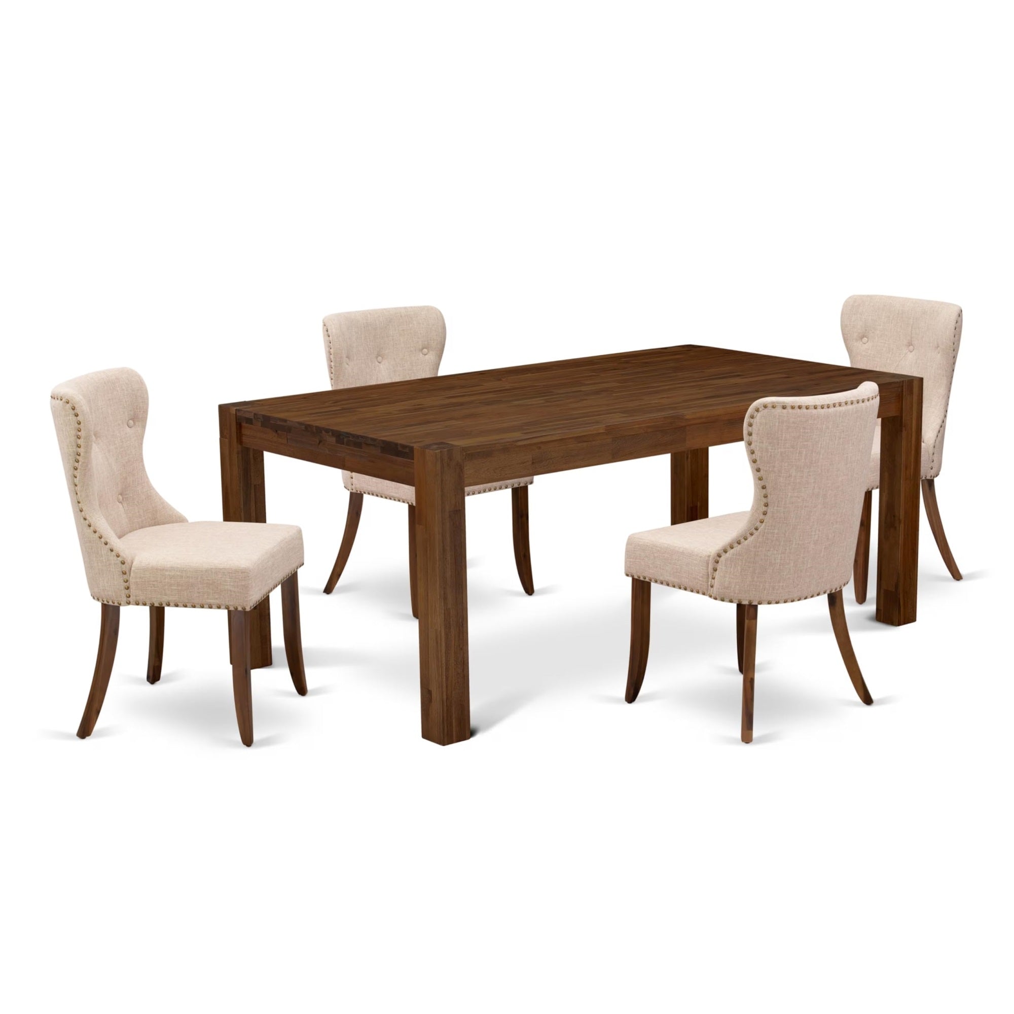 Casafoyer Lismore 5 Piece Room Set Includes A Rectangle Rustic Wood Dining Table And 4 Light Tan Linen Fabric Upholstered Chairs, 40X72 Inch, Lmsi5-N8-04
