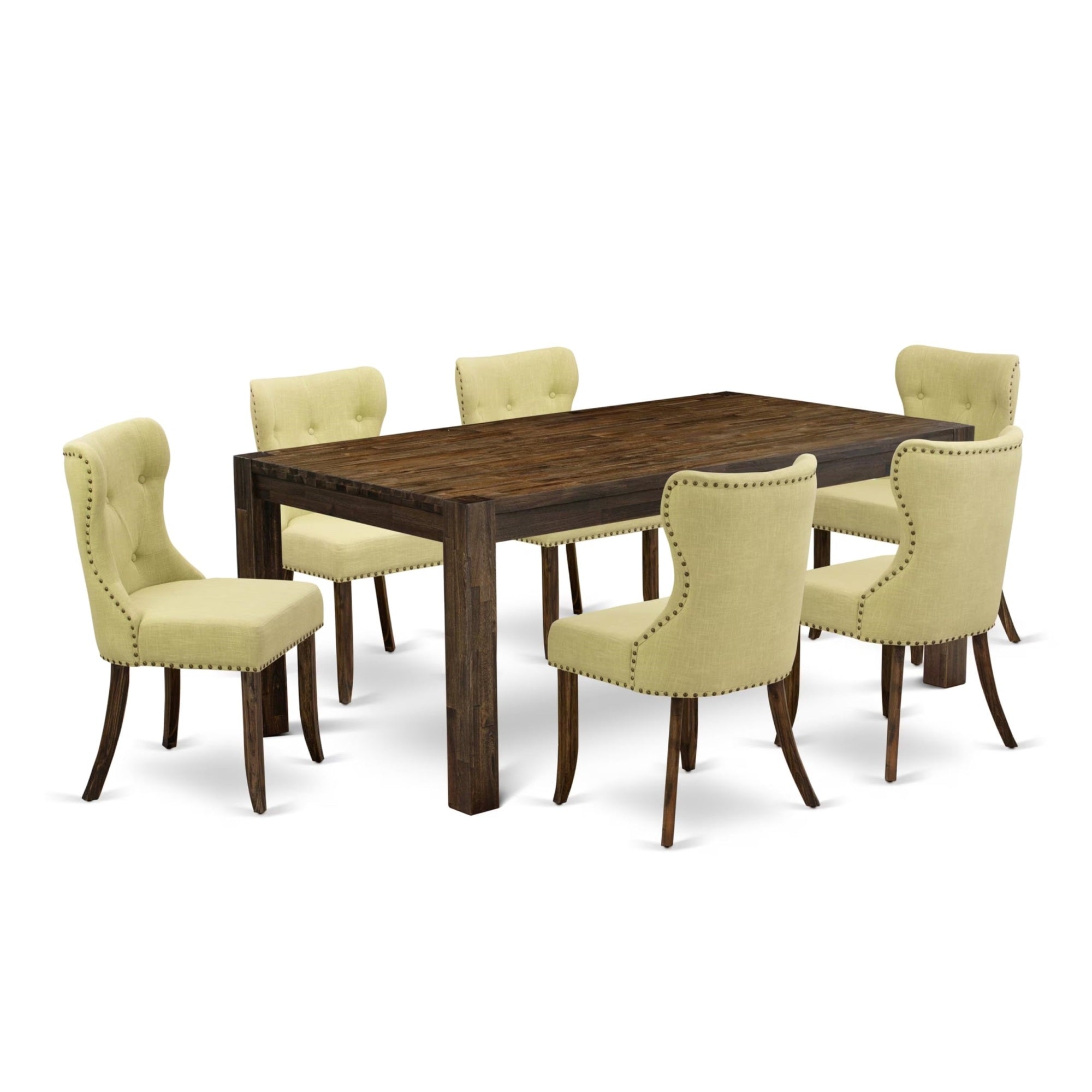 Casafoyer Lismore 7 Piece Set Consist Of A Rectangle Rustic Wood Dining Room Table And 6 Limelight Linen Fabric Upholstered Chairs, 40X72 Inch, Lmsi7-77-37